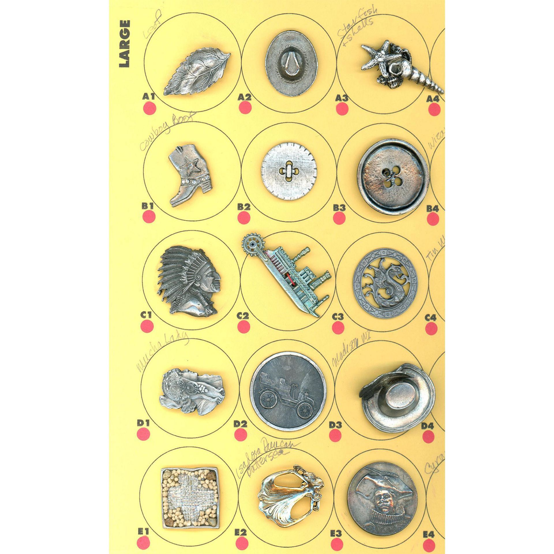 A partial card of assorted pewter buttons including pictorial