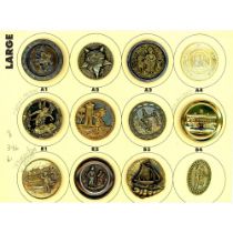 A partial card of metal pictorial buttons