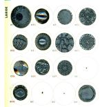 A partial card of division one black glass buttons