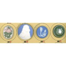 A small card of division 3 Jasperware pictorial buttons