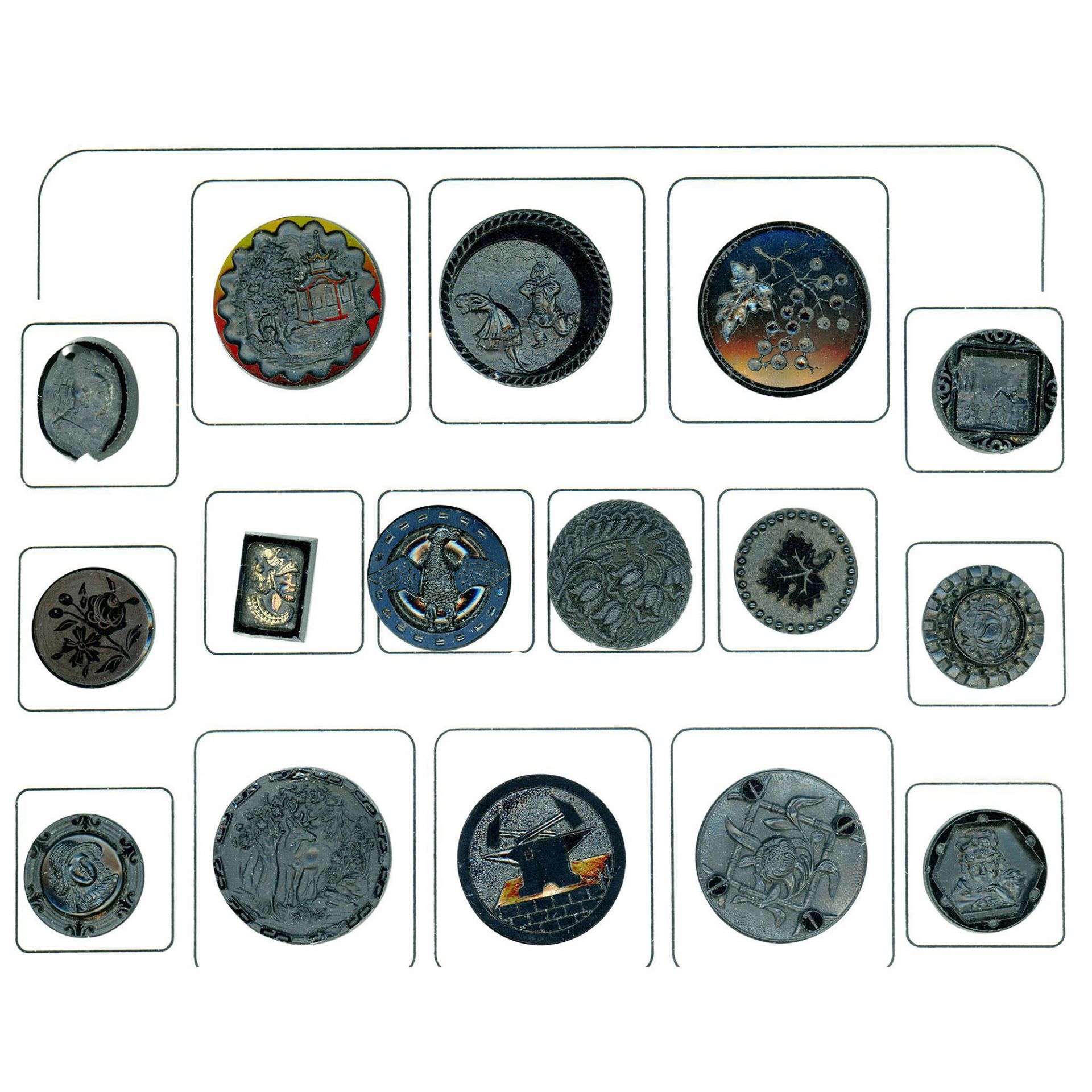 A partial card of division one black glass buttons