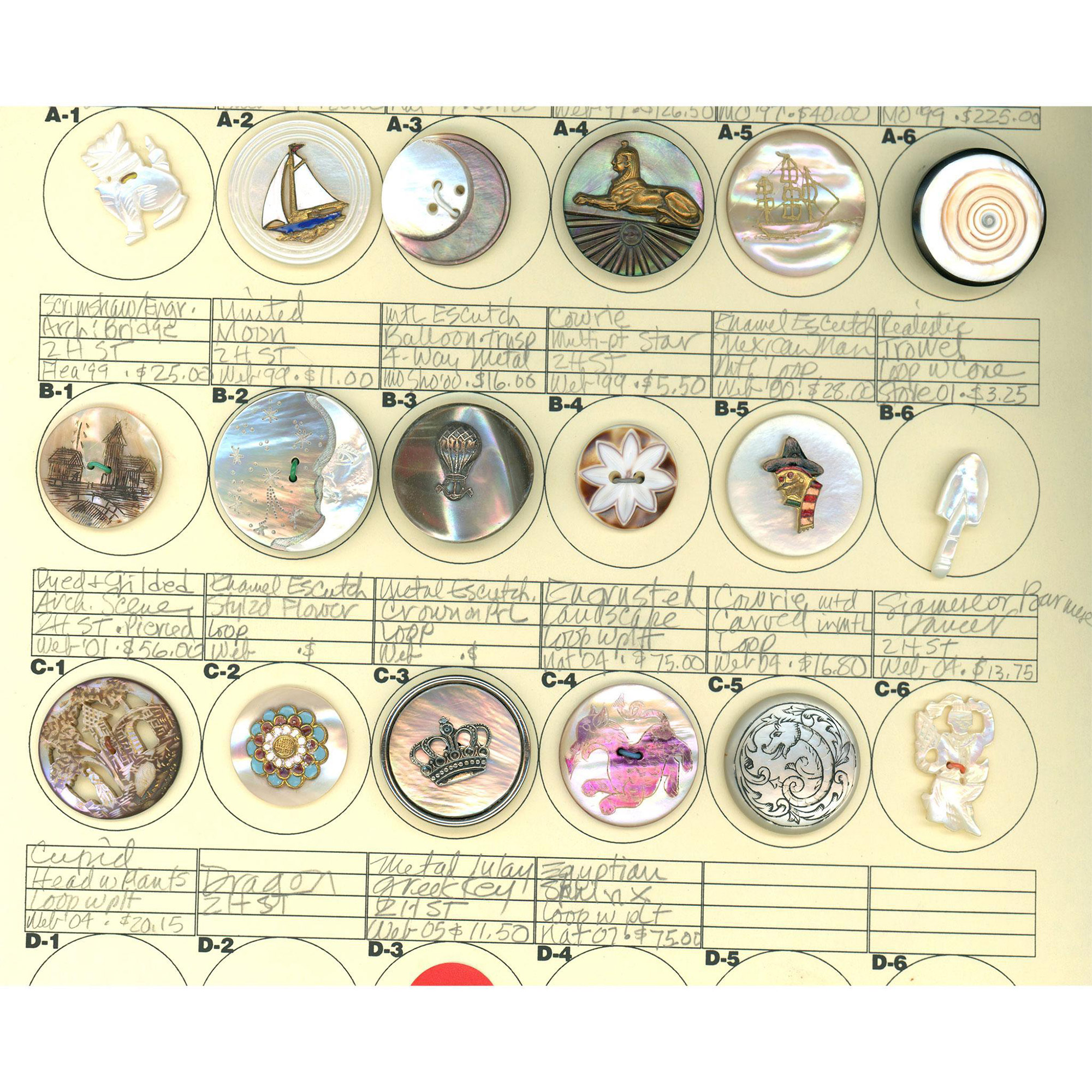 A partial card of division 1 & 3 assorted shell buttons