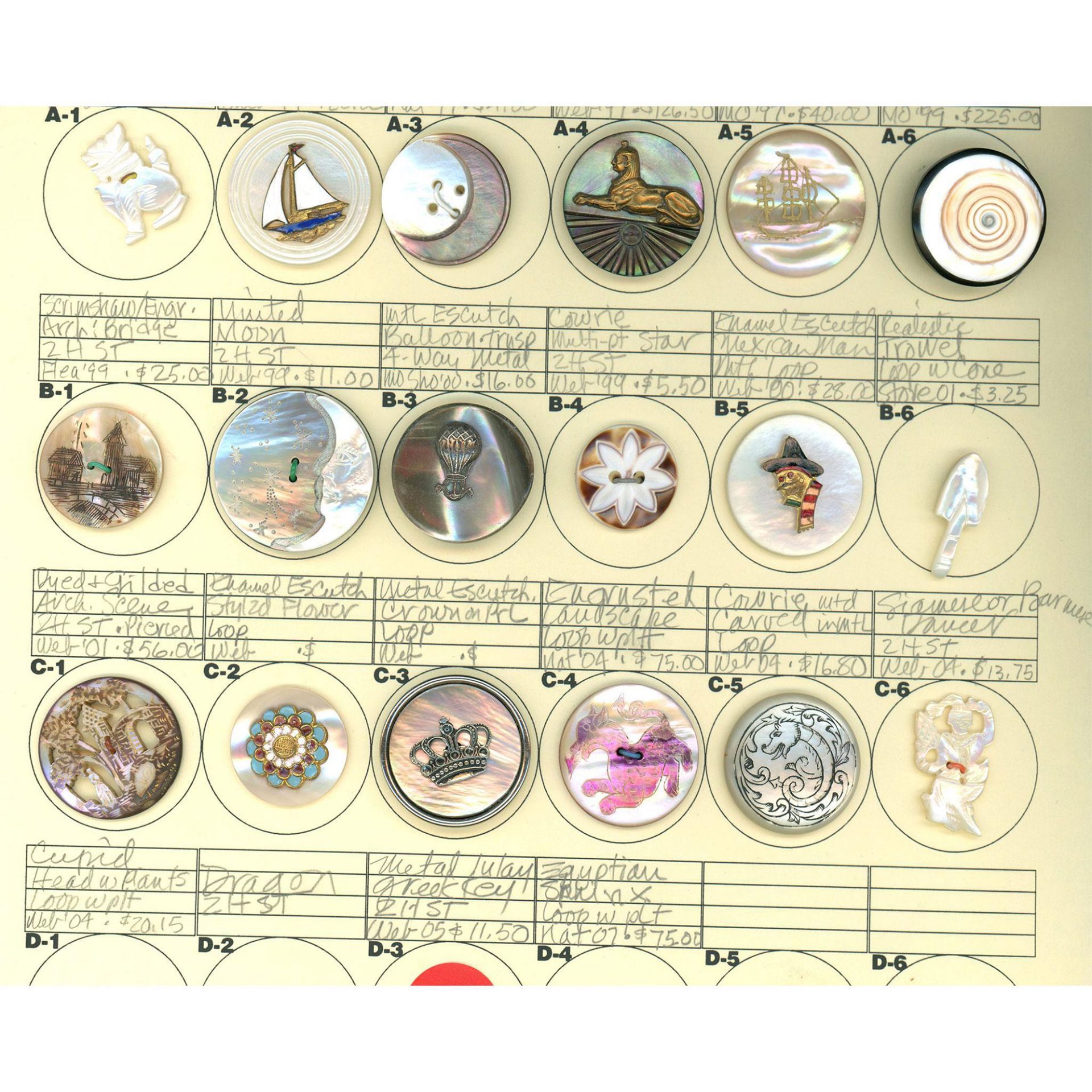 A partial card of division 1 & 3 assorted shell buttons