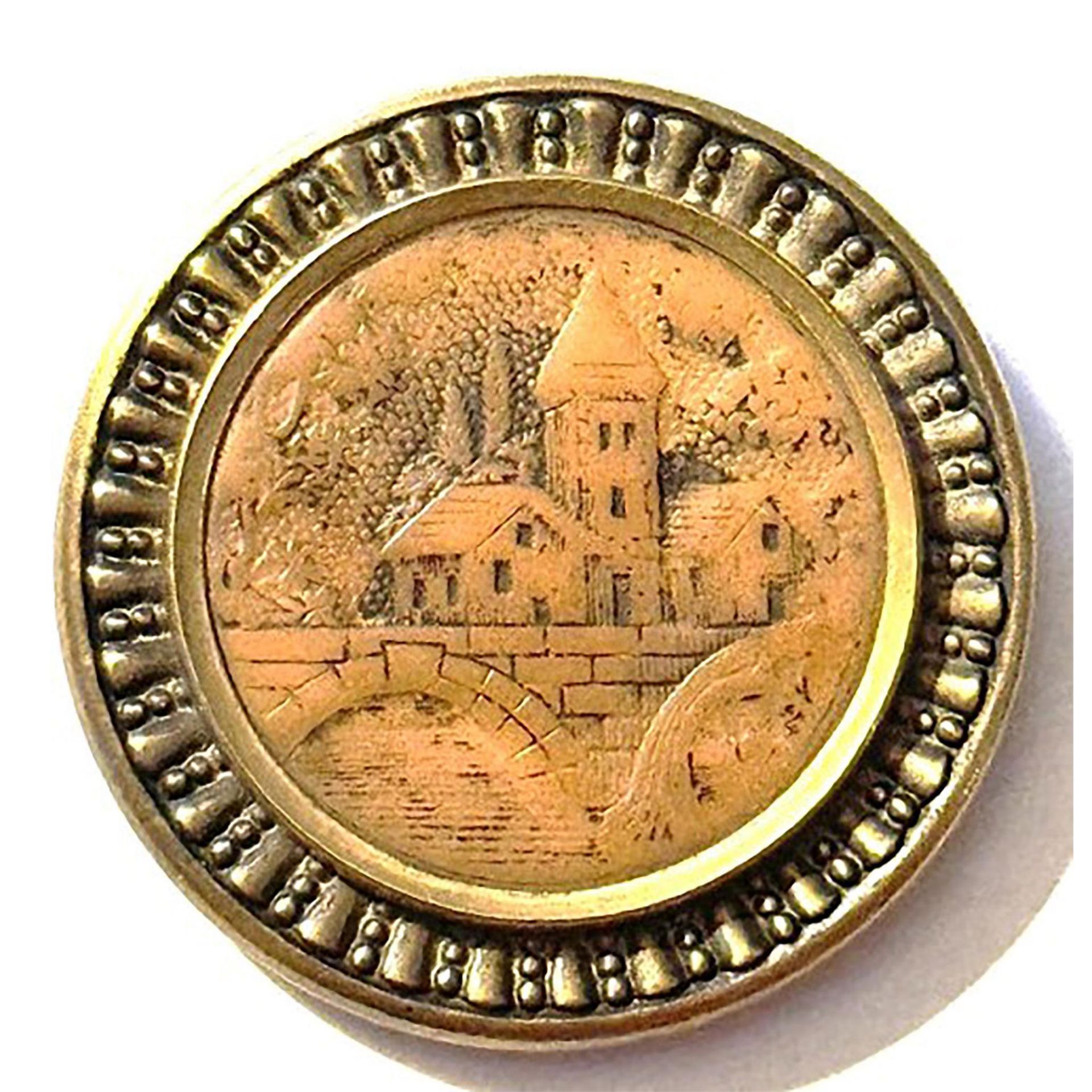 A division one scarce architectural scene in metal button