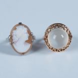 2pc Rings Sterling Cameo and Gold Tone Moonstone