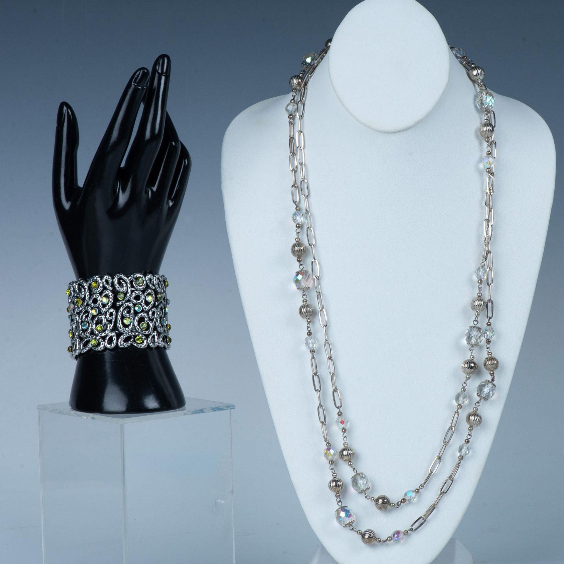 2pc Silver Tone Crystal Necklace & Rhinestone Cuff Bracelet