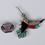 2pc Zuni Sterling Silver & Inlay Brooch/Pins