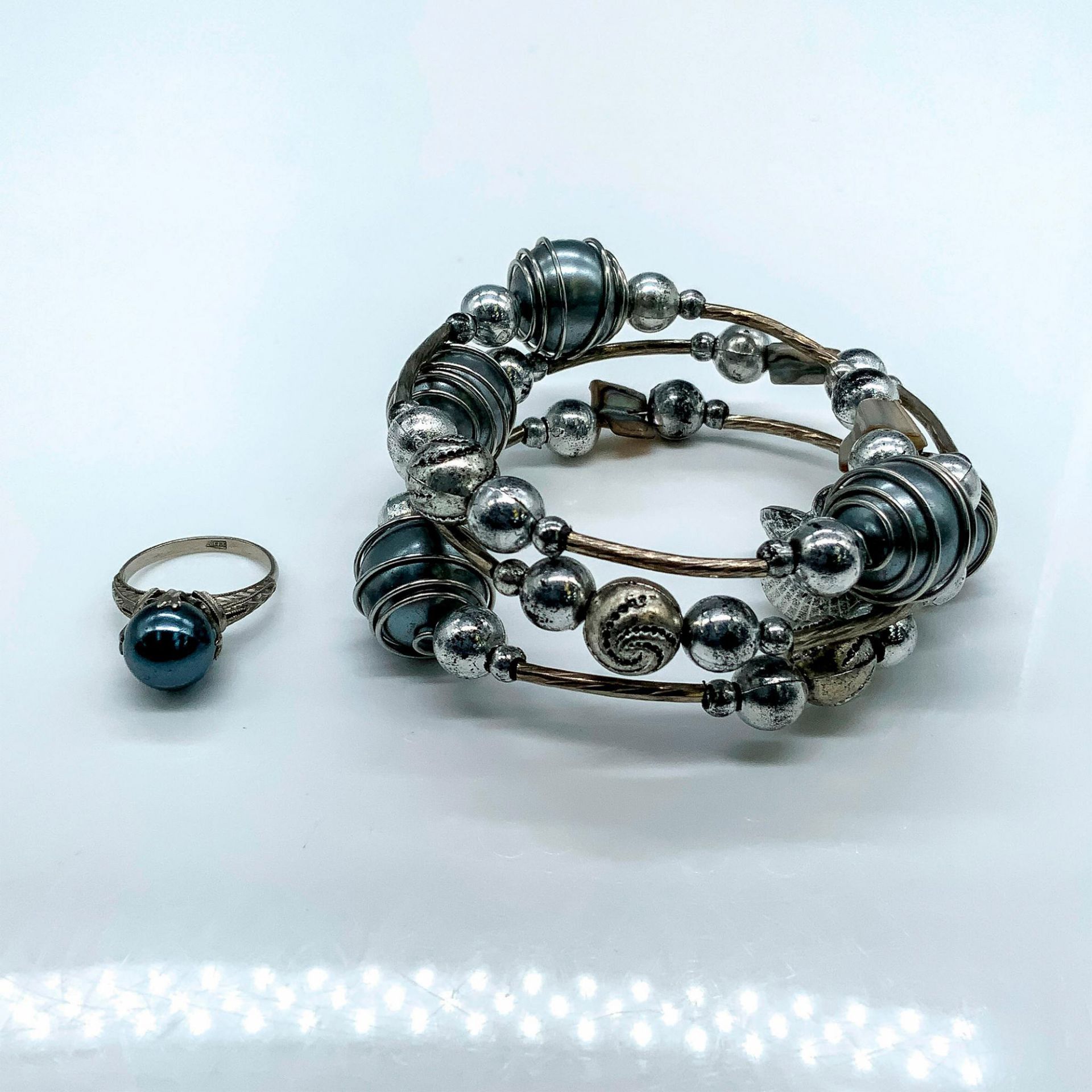 4pc Silver and Blue Faux Pearl Ring & Bracelet - Bild 3 aus 4