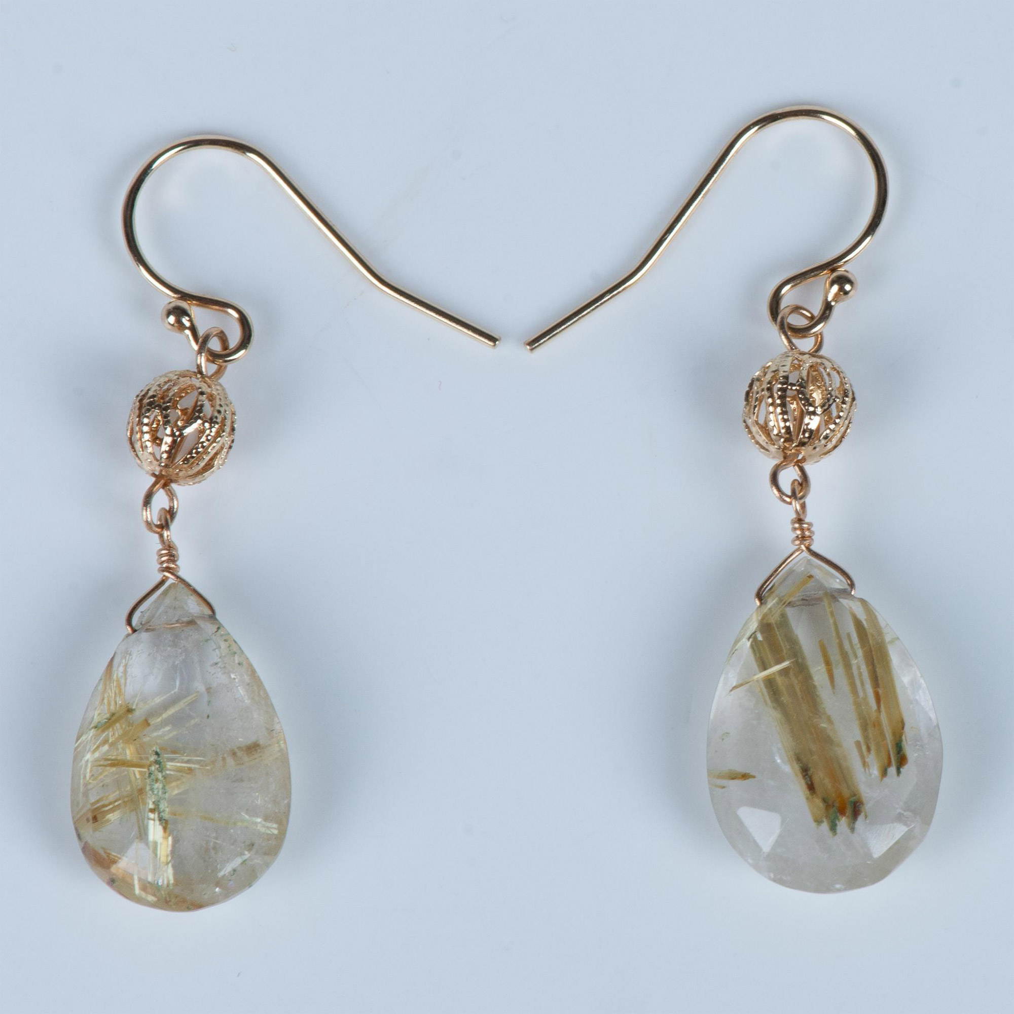Gorgeous 14K Gold & Natural Rutilated Quartz Earrings - Image 2 of 8