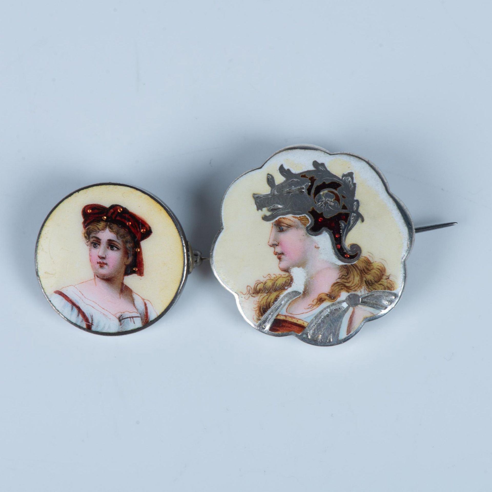 2pcs Sterling Silver and Enamel Portrait Brooches