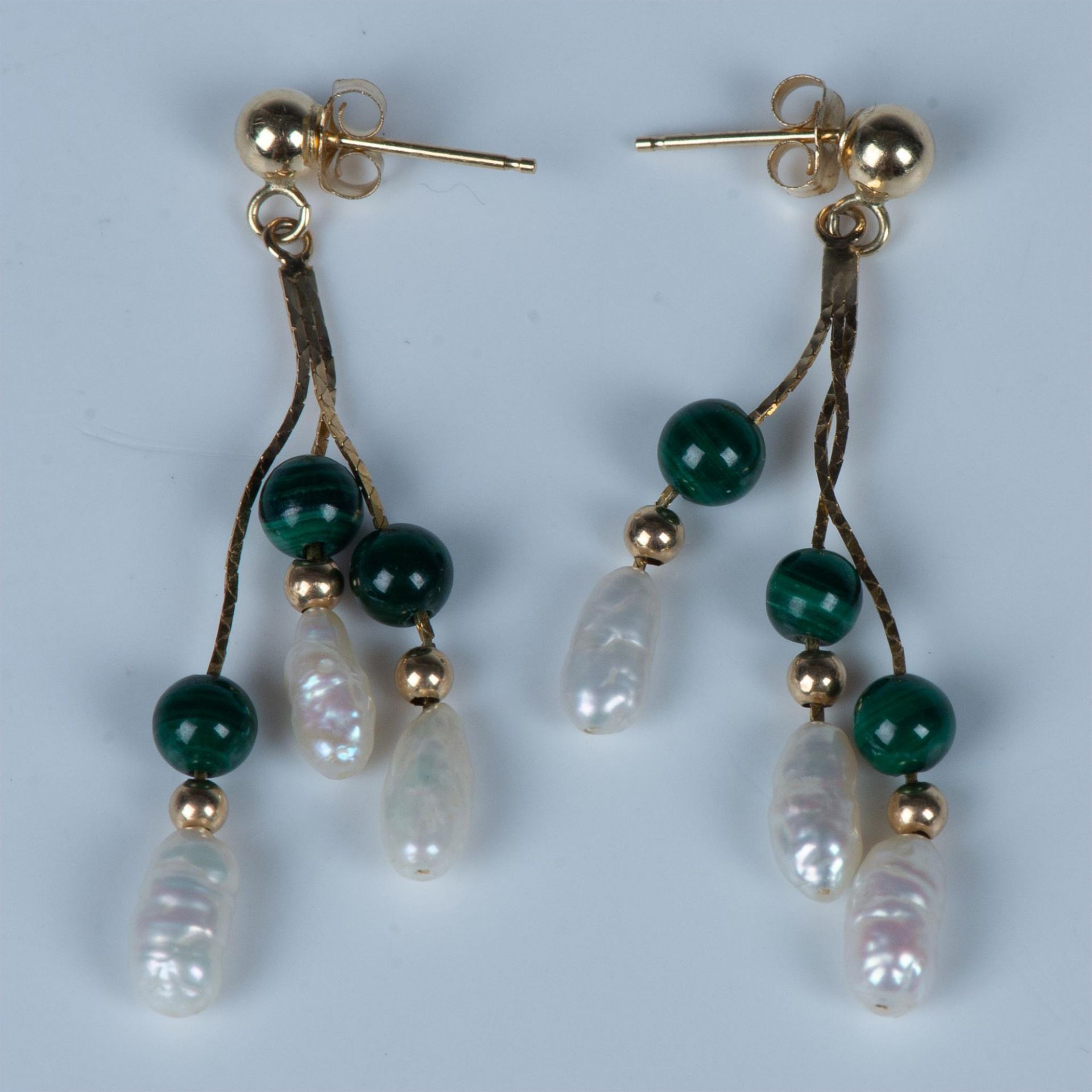 Delicate 14K Yellow Gold, Malachite & Pearl Earrings