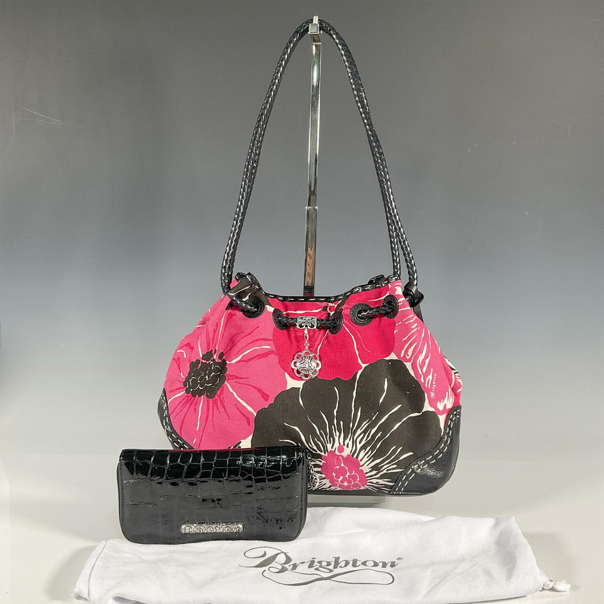 2pc Brighton Canvas Handbag + Wallet, Black/White/Pink - Image 3 of 4