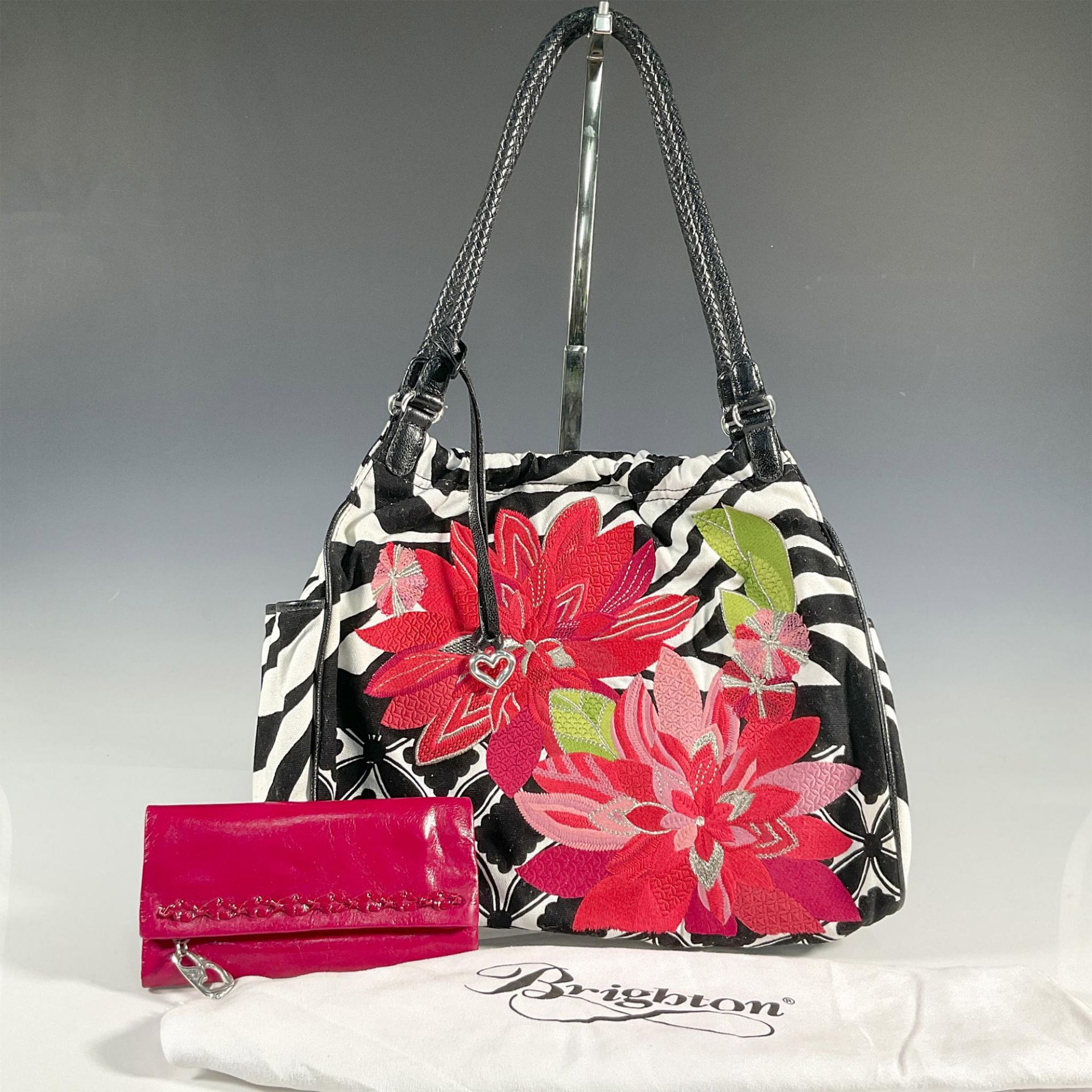 2pc Brighton Canvas Handbag + Wallet, Black/White/Pink - Image 3 of 4