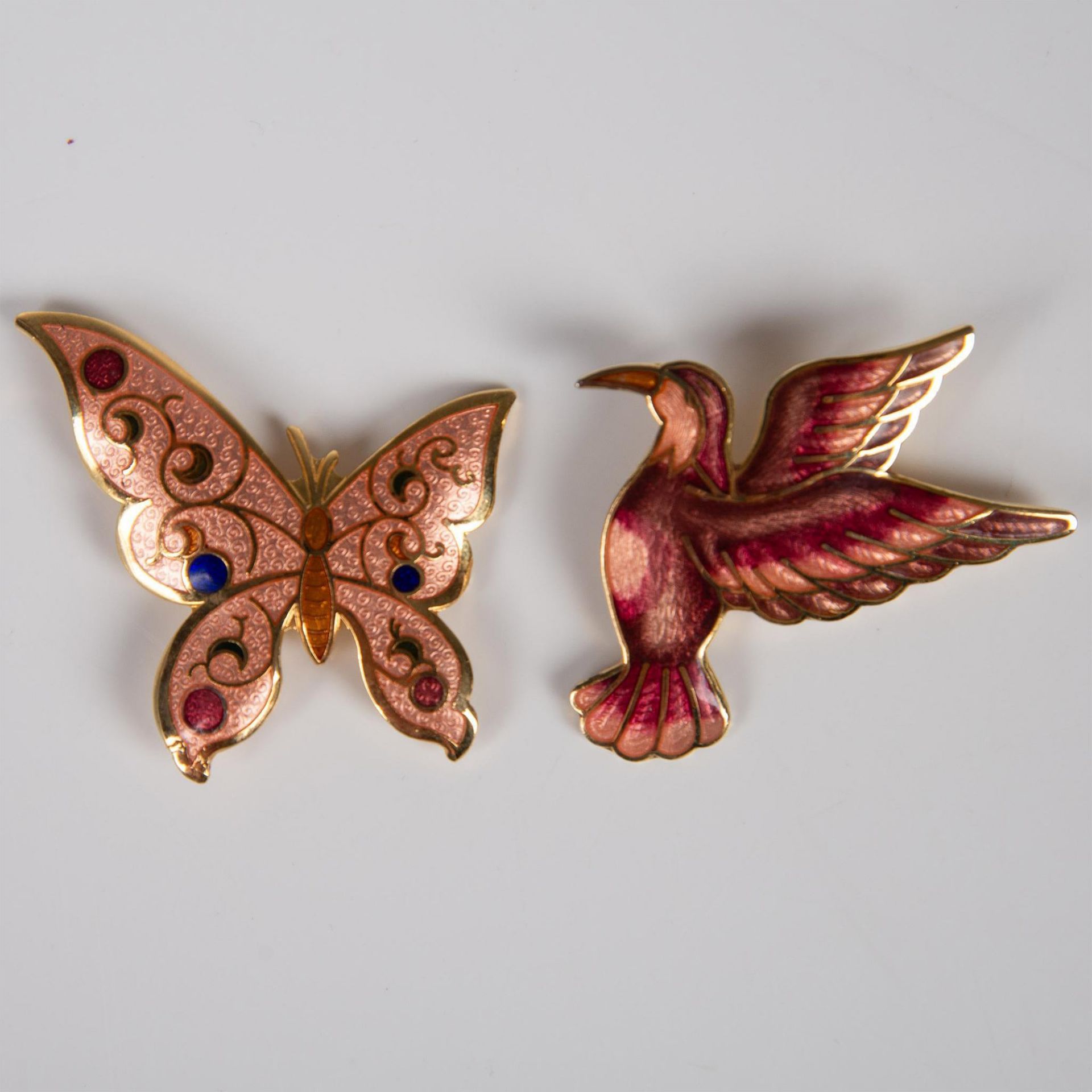 2pc Cloisonne Enamel and Gold Tone Brooches