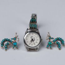 3pc Sterling Silver and Turquoise Earrings and Watch