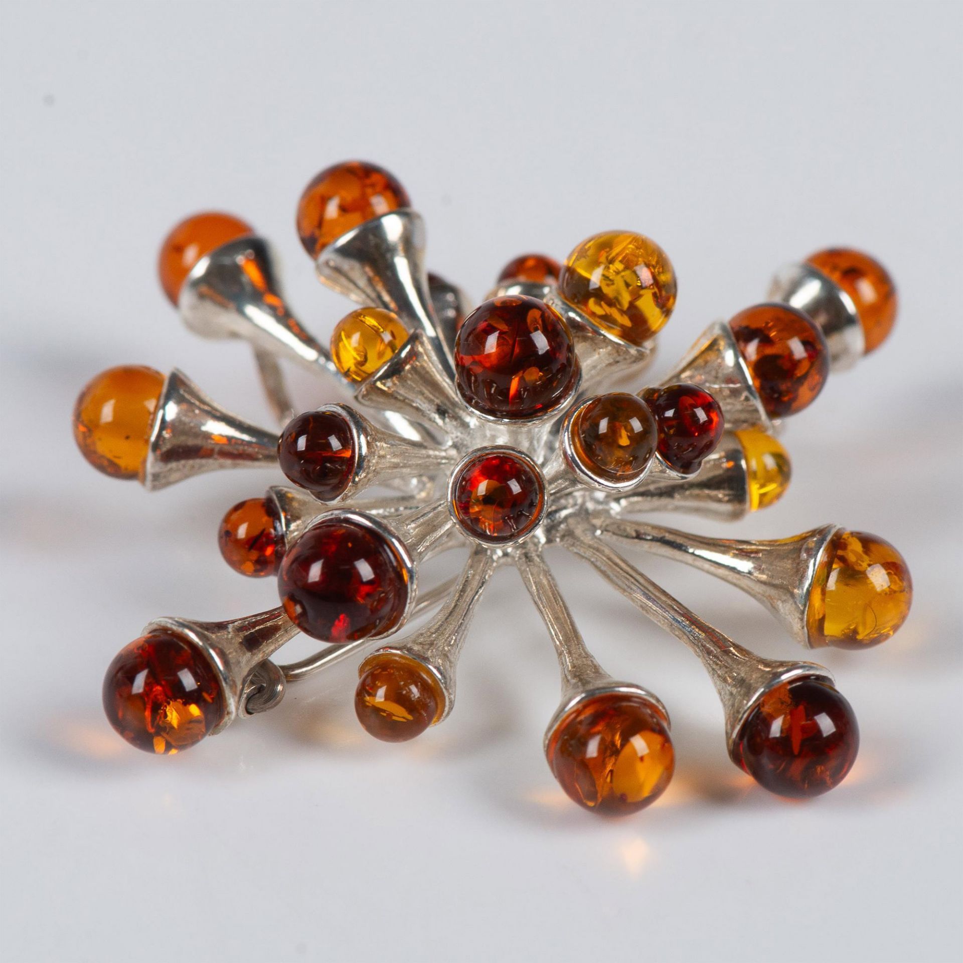 Fabulous Sterling Silver & Amber Sunburst Brooch Pin