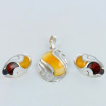 3pc Sterling Silver and Amber Pendant and Earrings Set