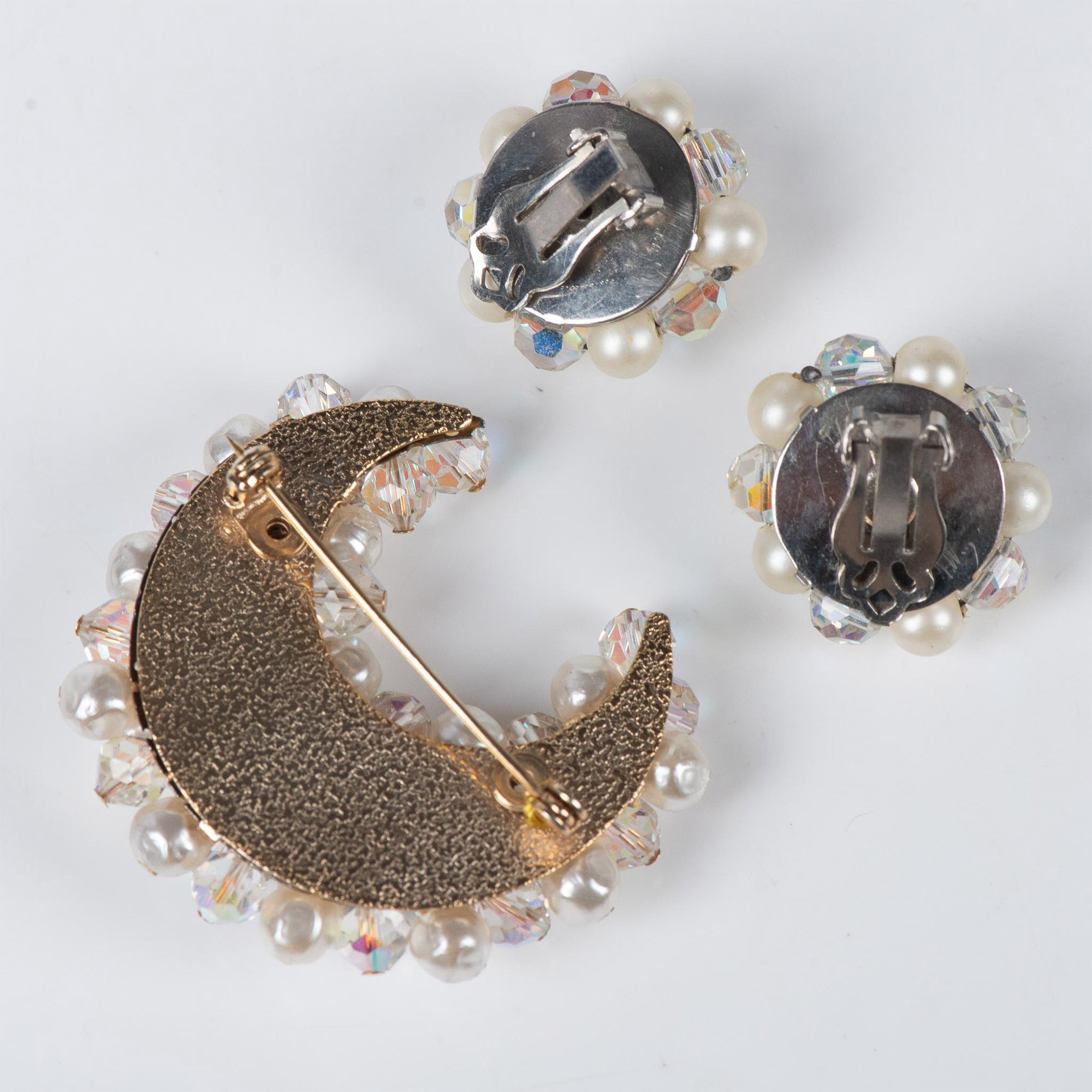 3pc Vintage Crystal & Bead Costume Brooch & Earring Set - Image 4 of 6