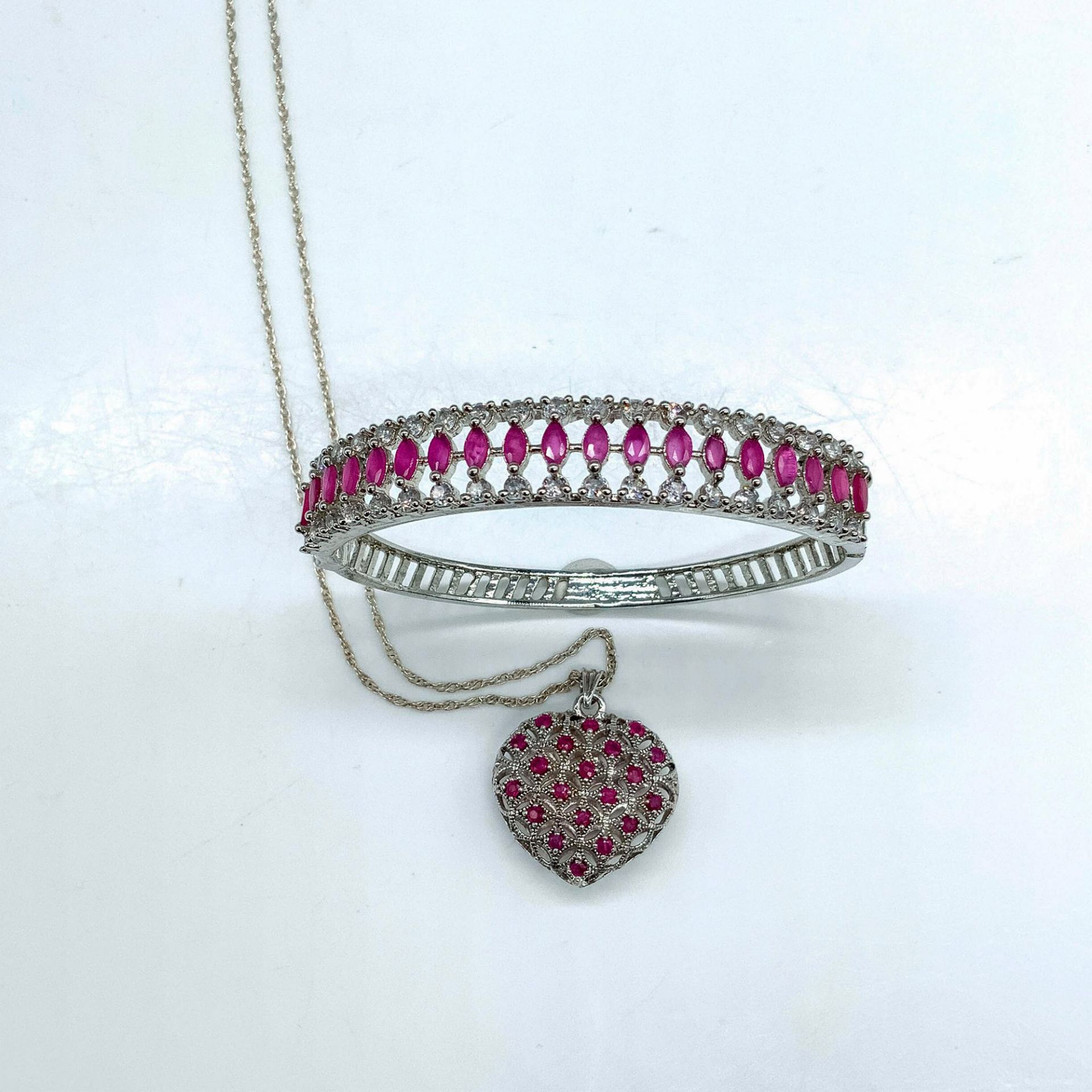 2pc Sterling Silver and Pink Ruby Necklace & Bracelet Set - Bild 2 aus 3