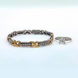 2pc Elegant Two Tone Sterling Silver Cubic Zirconia Bracelet and Ring