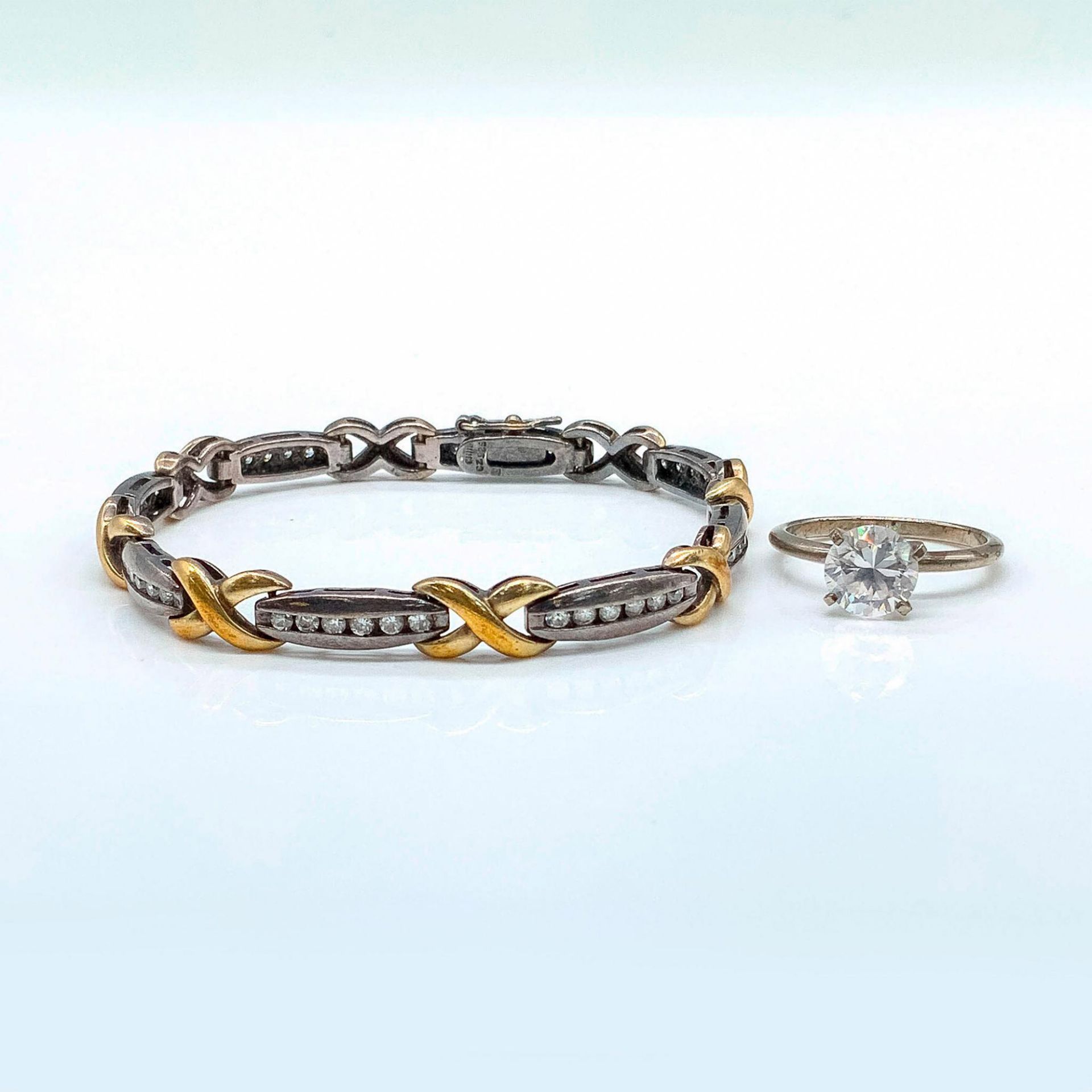 2pc Elegant Two Tone Sterling Silver Cubic Zirconia Bracelet and Ring