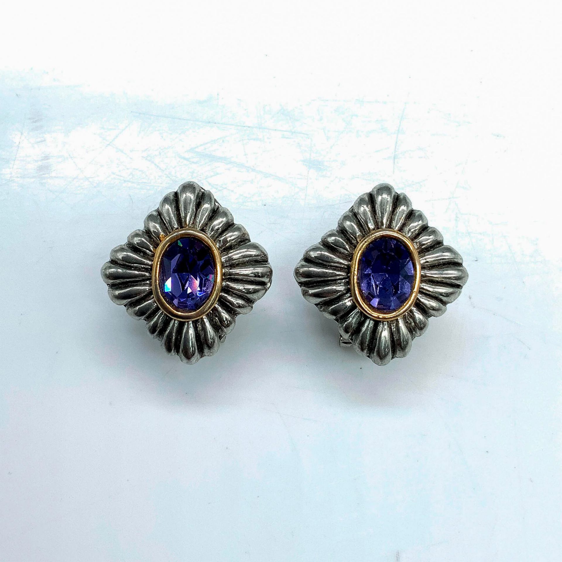 David Yurman Style Textured Sterling Silver & Amethyst Earrings - Image 2 of 3