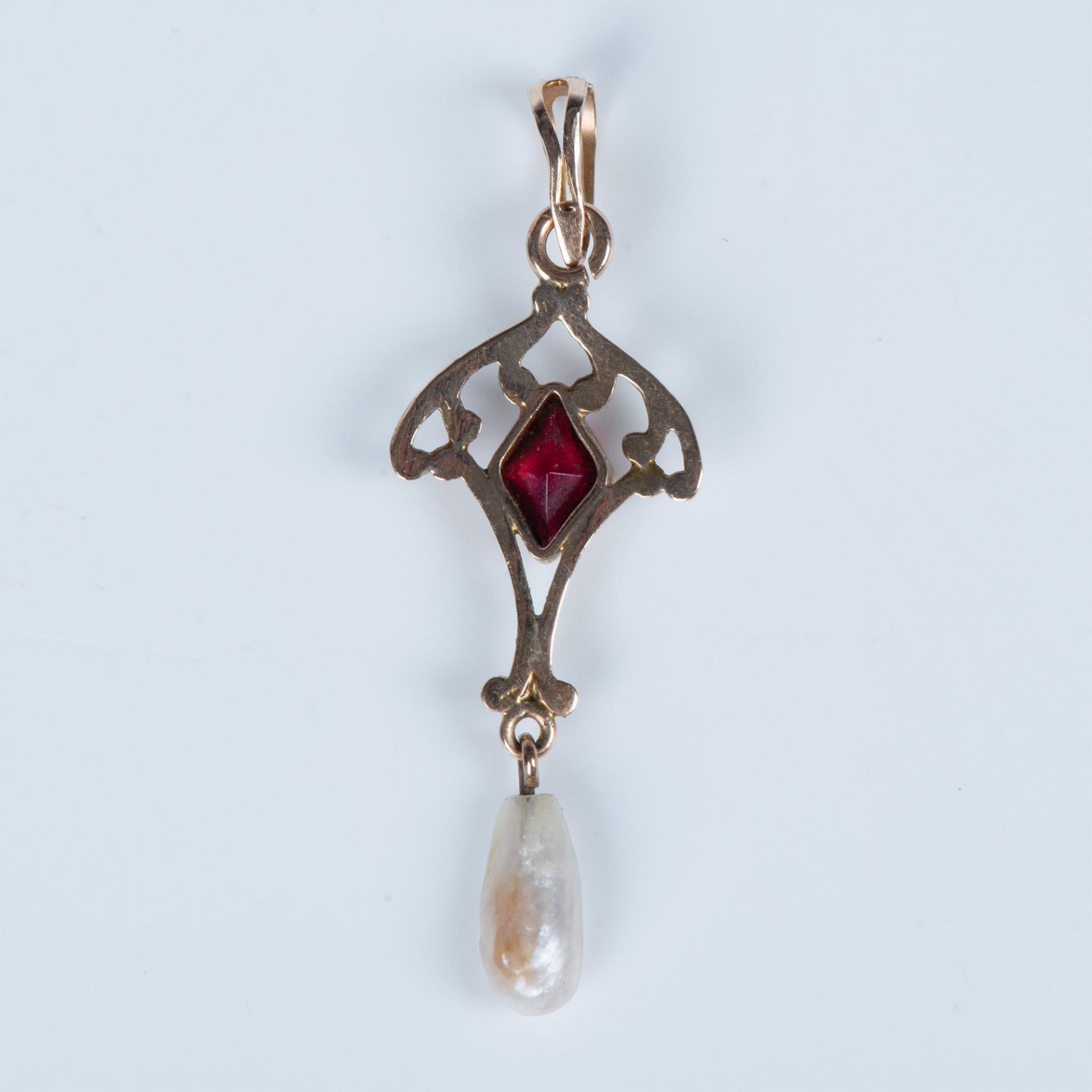 Vintage 18K Yellow Gold, Garnet & Pearl Pendant - Image 4 of 4