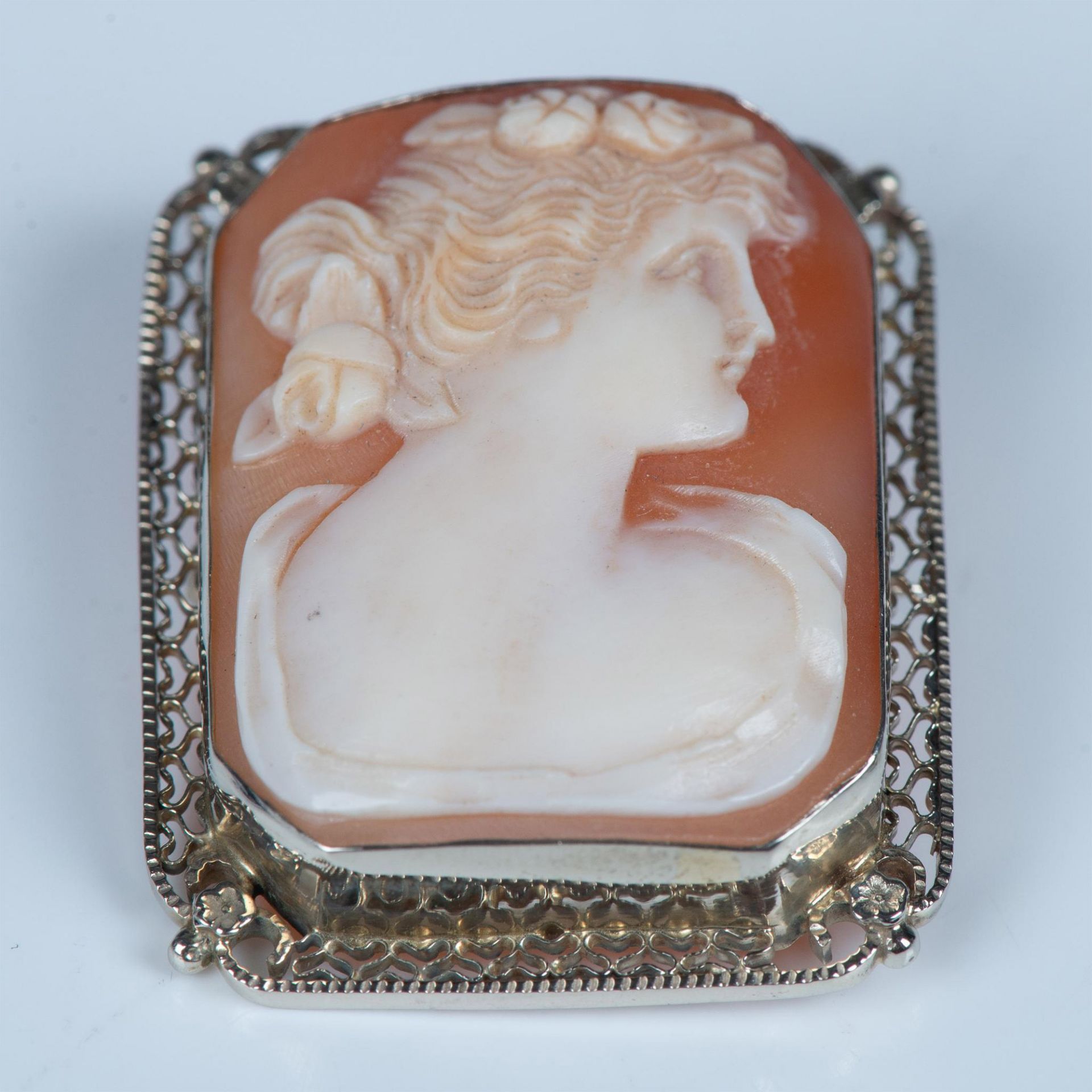 2pc Vintage 14K White Gold Cameo Brooch & Gold Stick Pin - Image 5 of 5