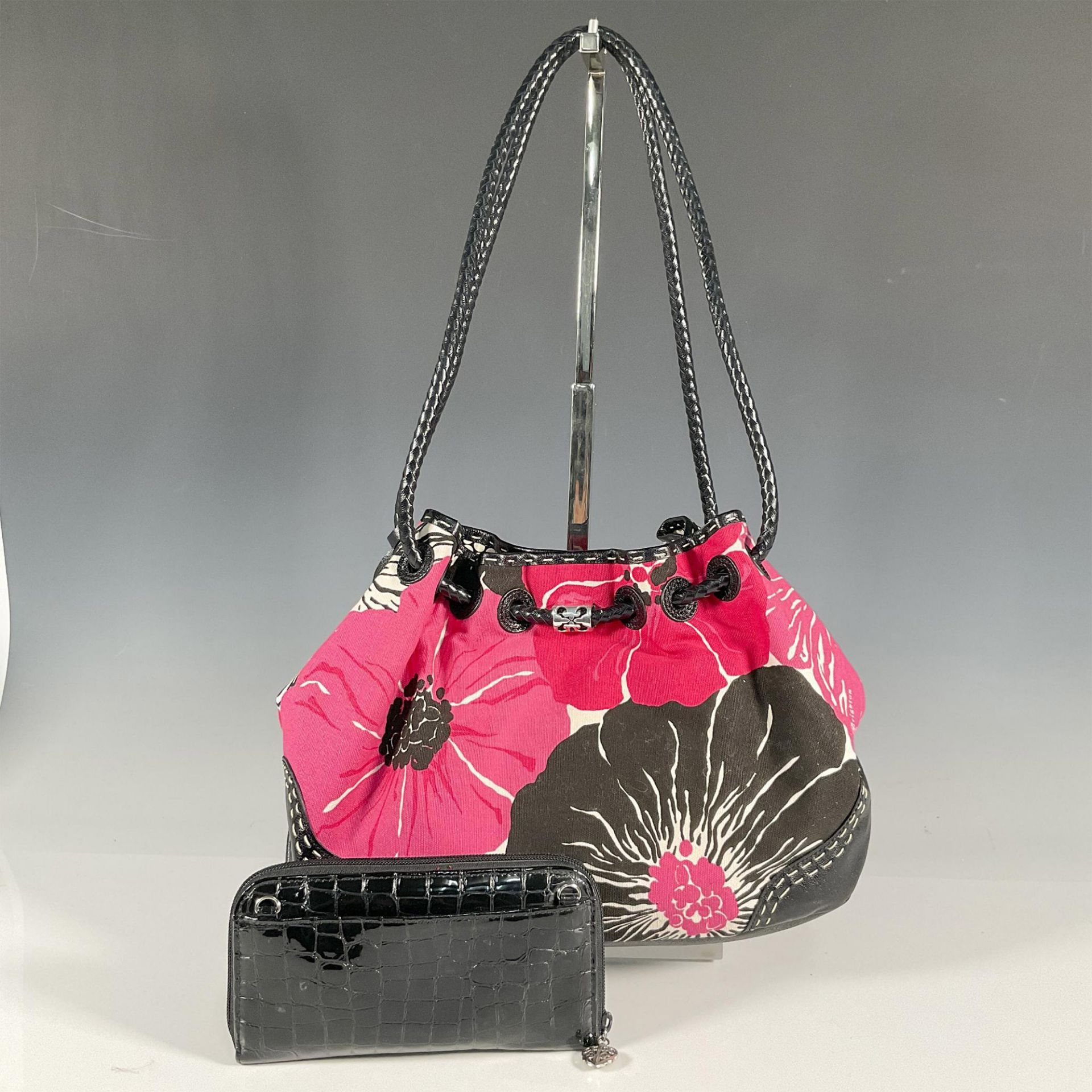 2pc Brighton Canvas Handbag + Wallet, Black/White/Pink - Image 2 of 4