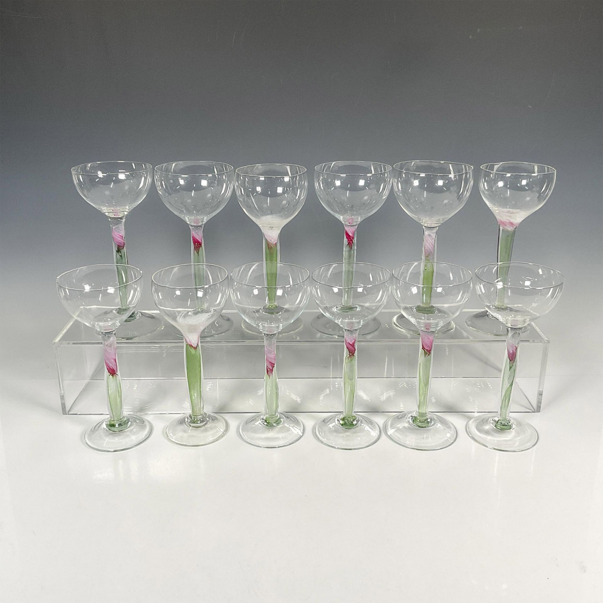 12pc Chris Baker Salmon Wine Glasses, Pink Flower Stem - Image 2 of 6