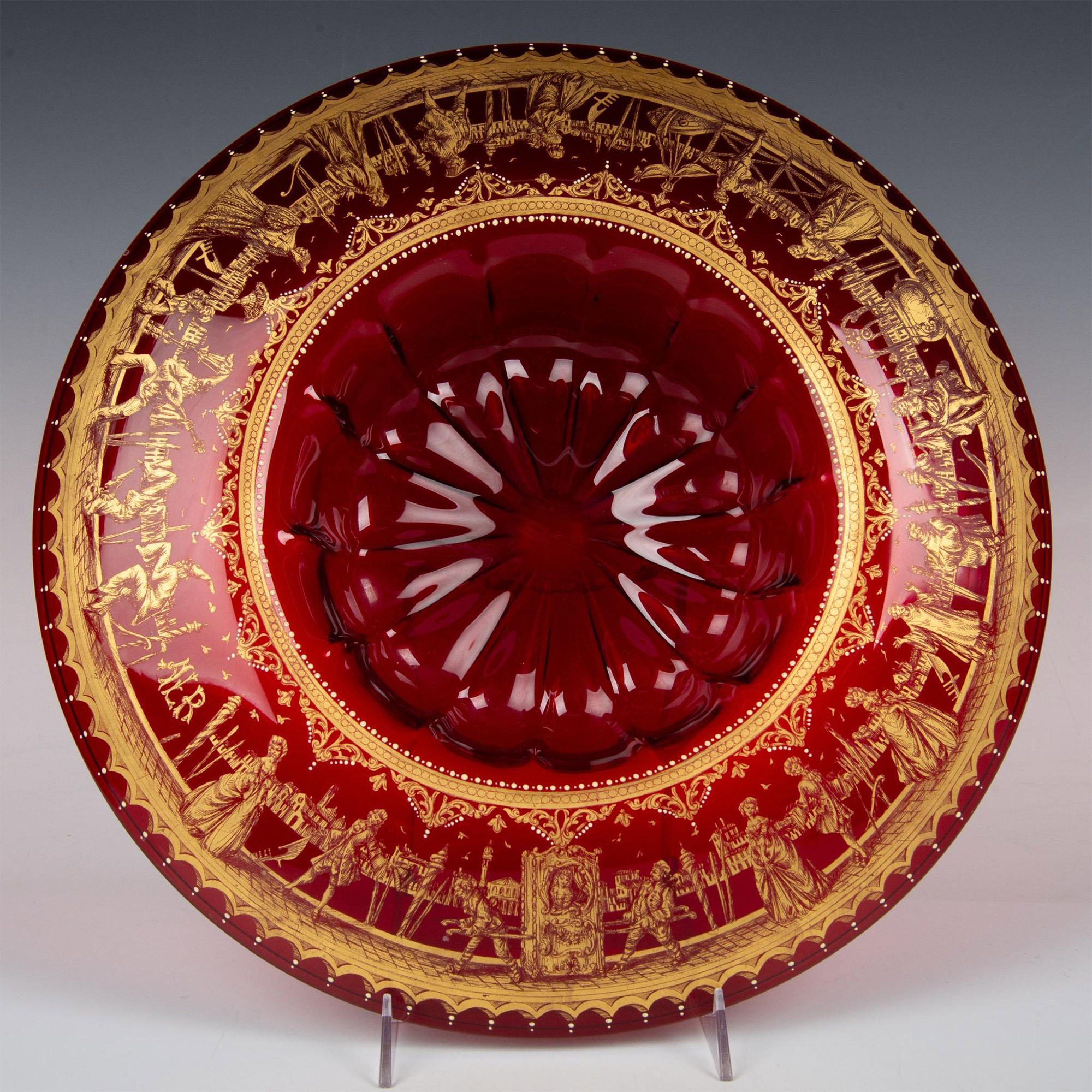 Cranberry Glass Centerpiece Bowl with Gilt Design - Image 5 of 7