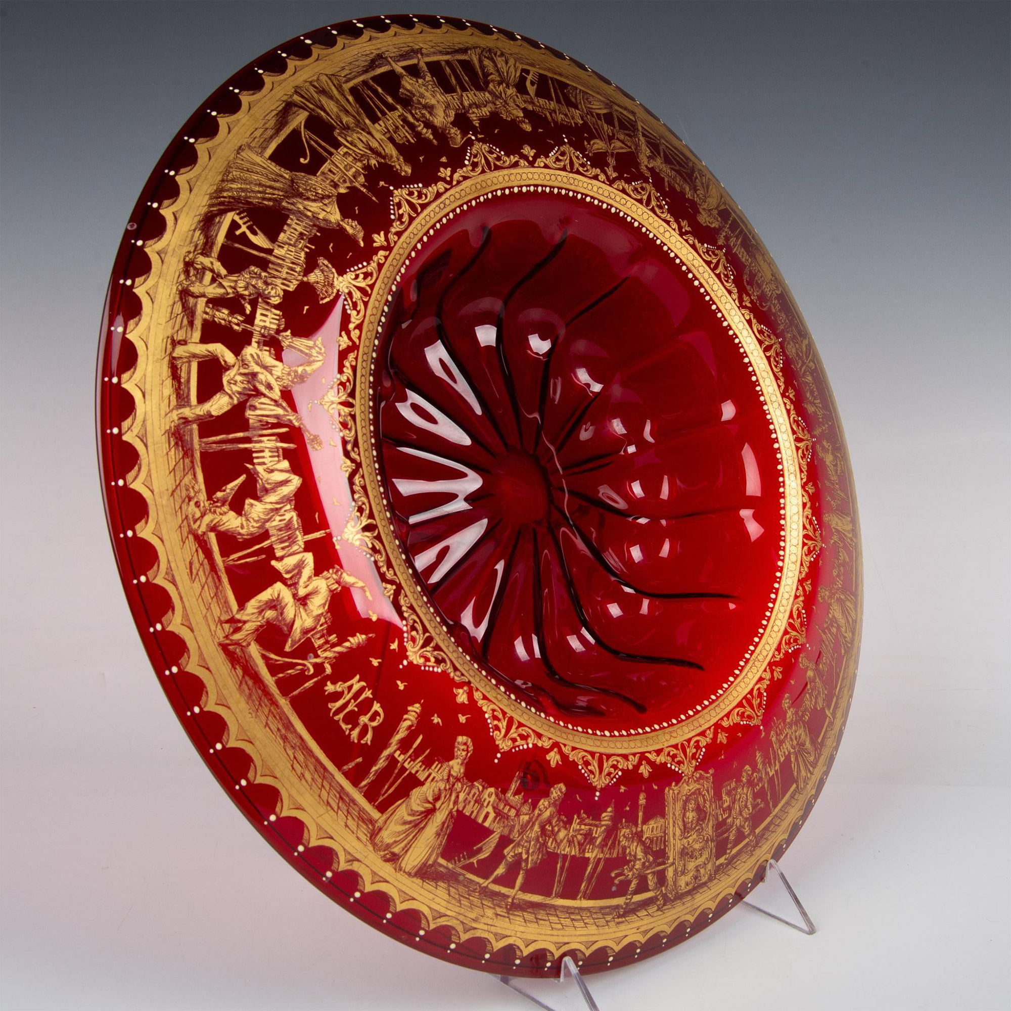 Cranberry Glass Centerpiece Bowl with Gilt Design - Image 6 of 7