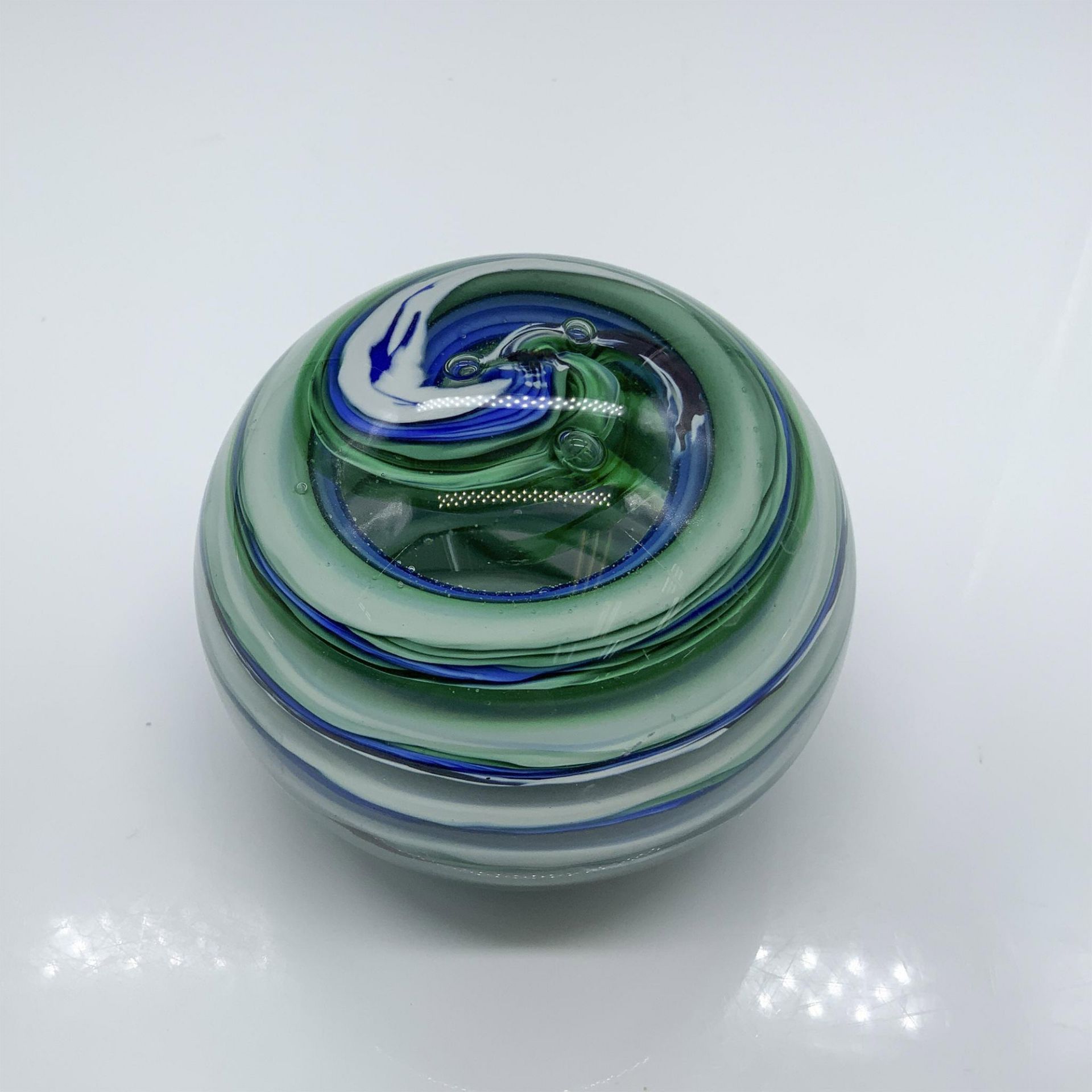 Murano Glass Blue & Green Swirl Paperweight, Signed - Image 3 of 4