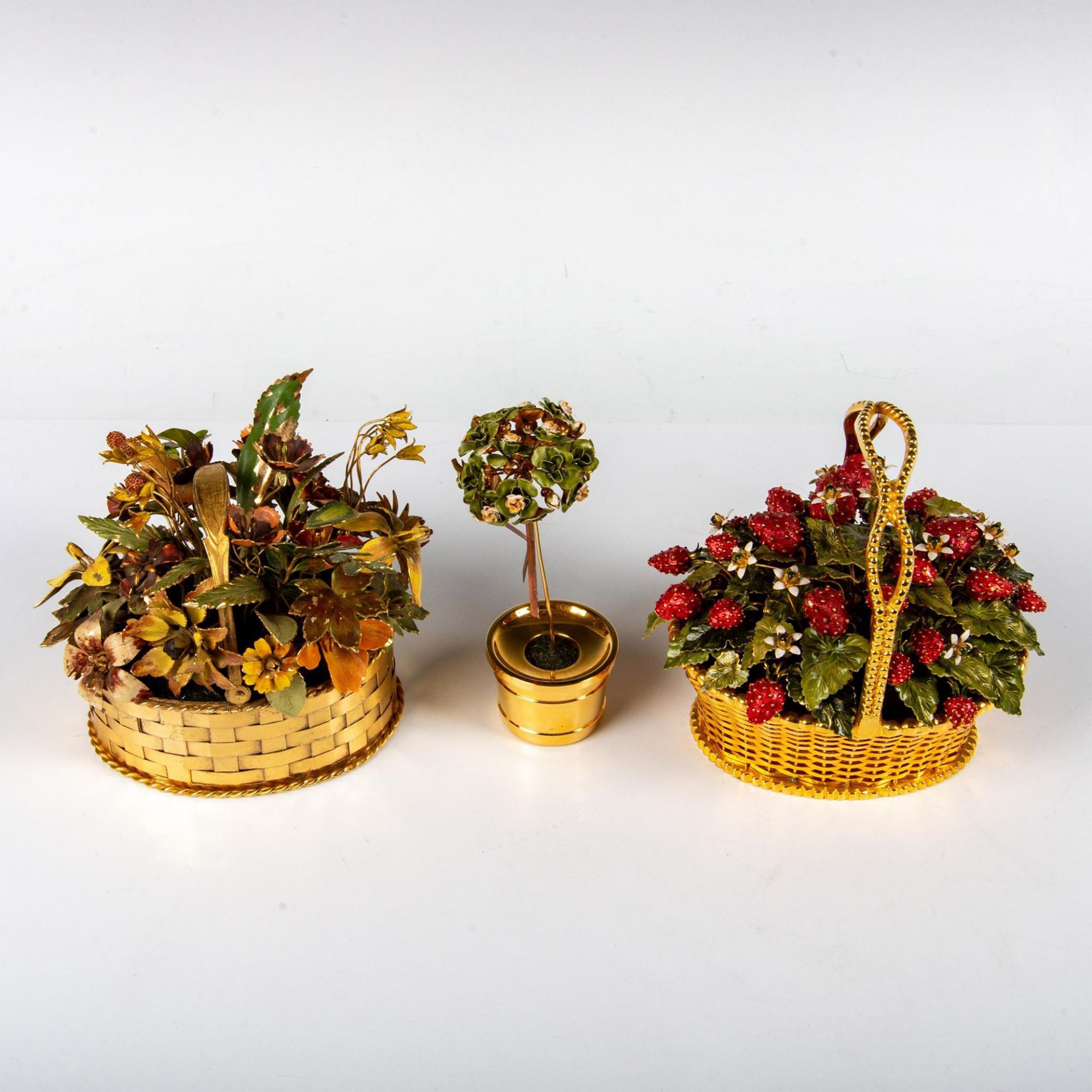 3pc Gorham Gold Plated Tree Sculpture & Enamel Flower Baskets - Image 2 of 6