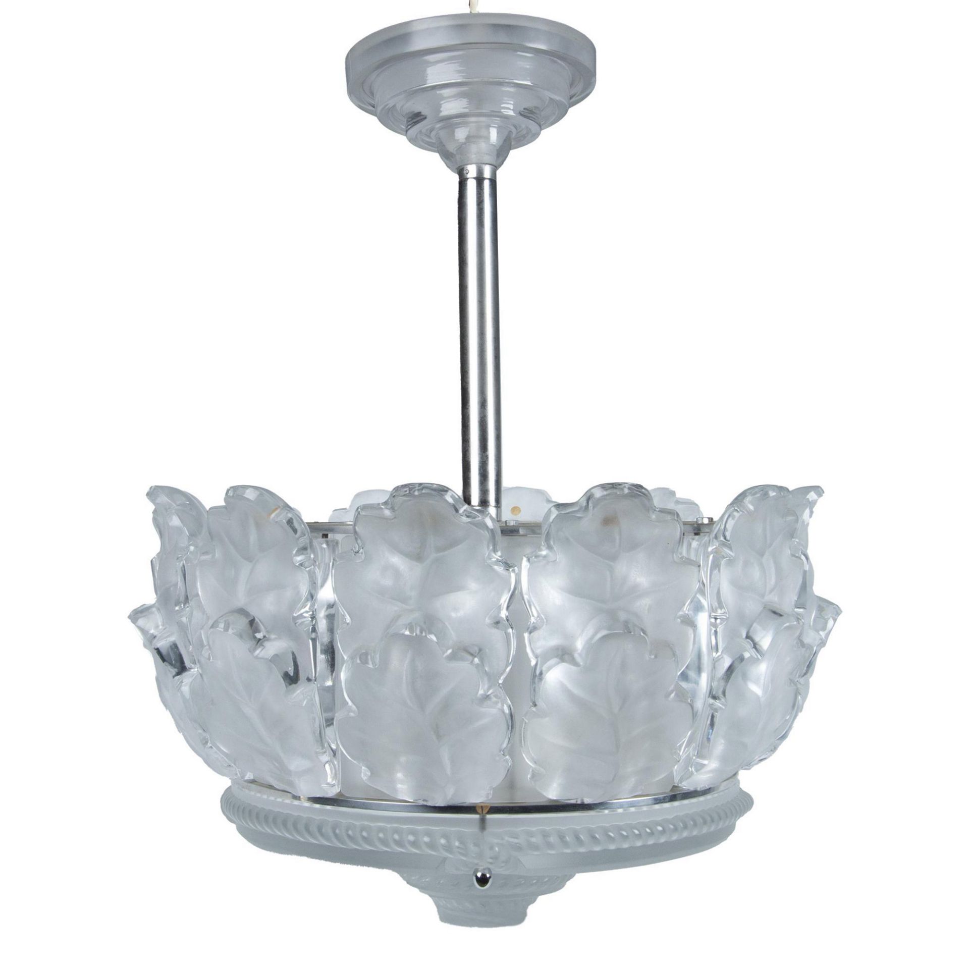 Lalique Large French Glass Chandelier, Lustre Chene - Bild 2 aus 12