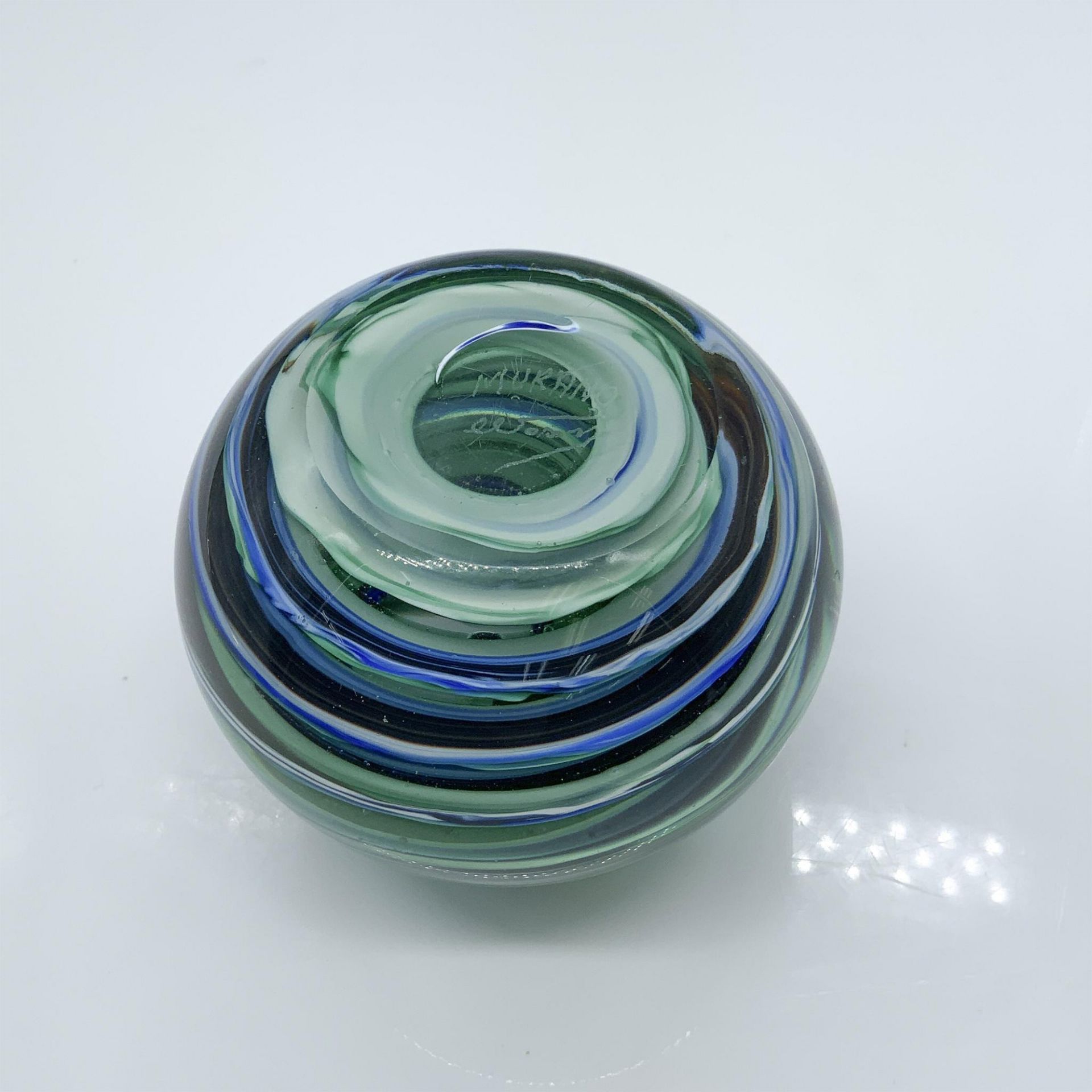 Murano Glass Blue & Green Swirl Paperweight, Signed - Image 4 of 4