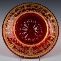 Cranberry Glass Centerpiece Bowl with Gilt Design