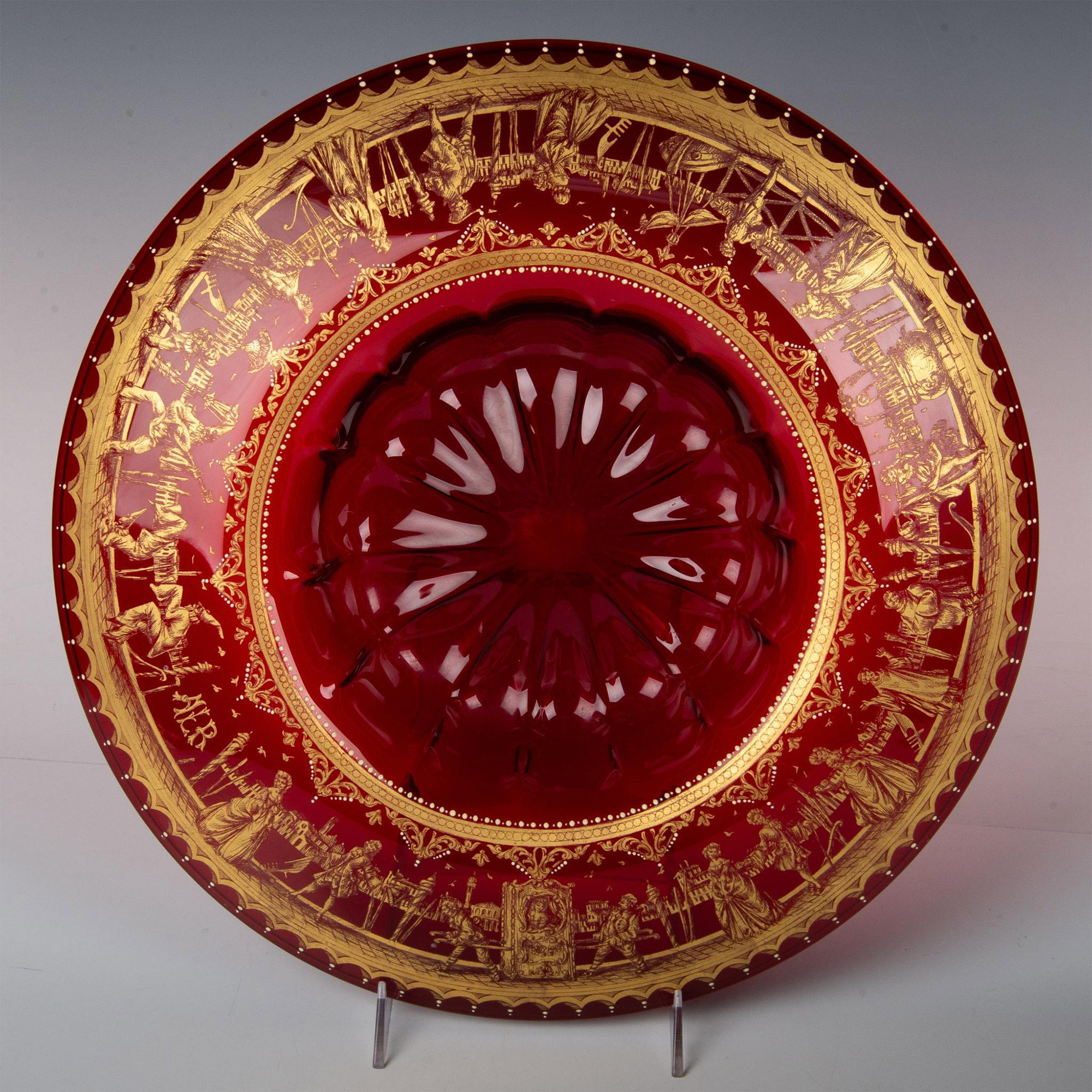 Cranberry Glass Centerpiece Bowl with Gilt Design - Image 2 of 7