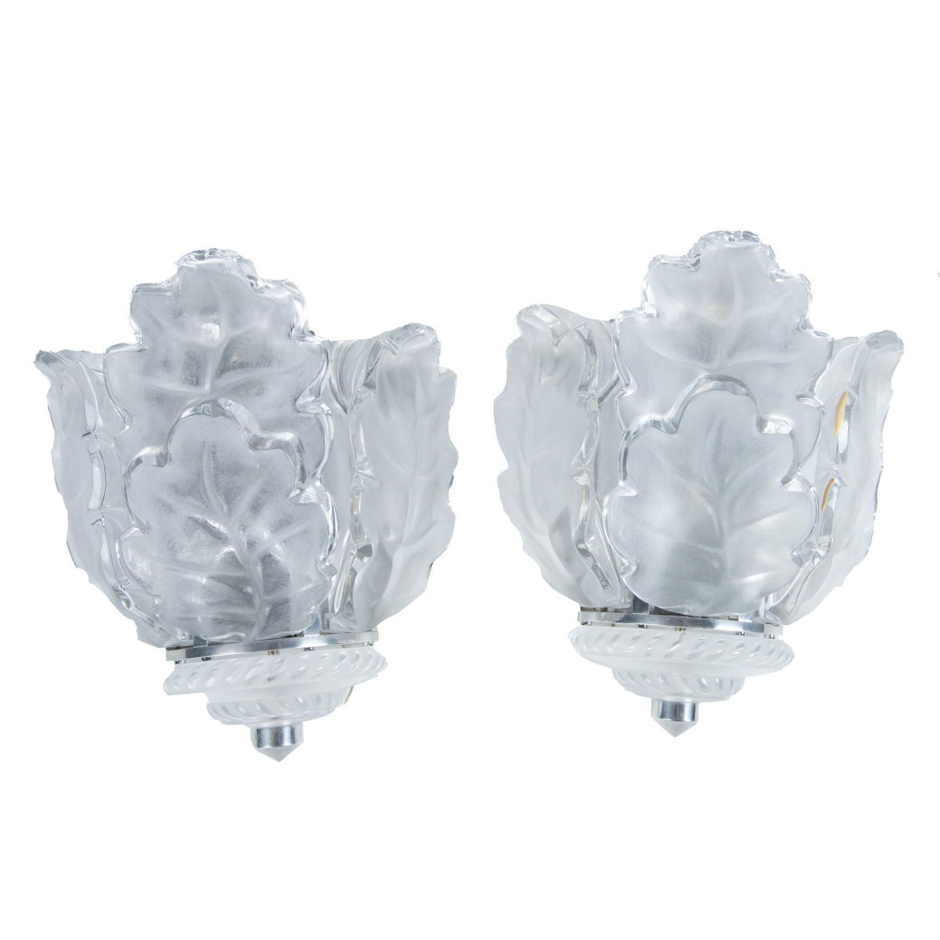 Pair of Lalique French Glass Wall Scones, Chene - Image 2 of 6