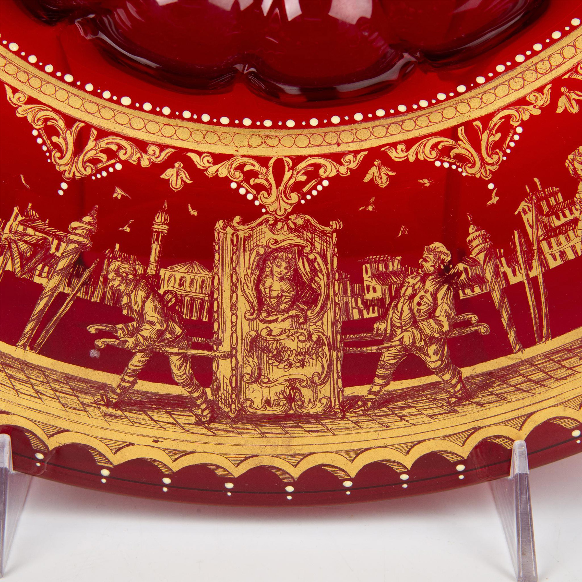 Cranberry Glass Centerpiece Bowl with Gilt Design - Image 4 of 7