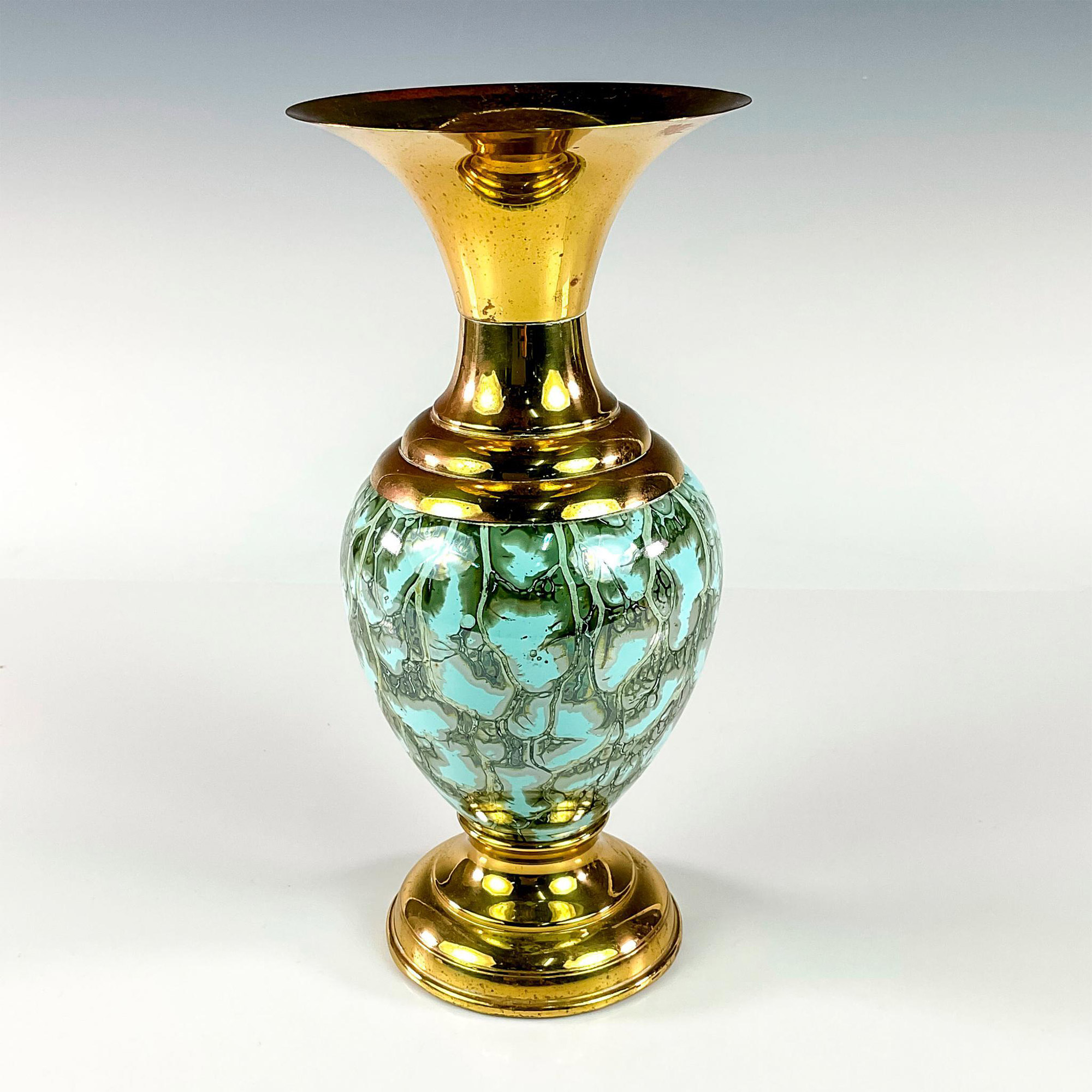 Mid-Century Modern Delft Brass Base Marbled Glaze Vase - Image 2 of 3