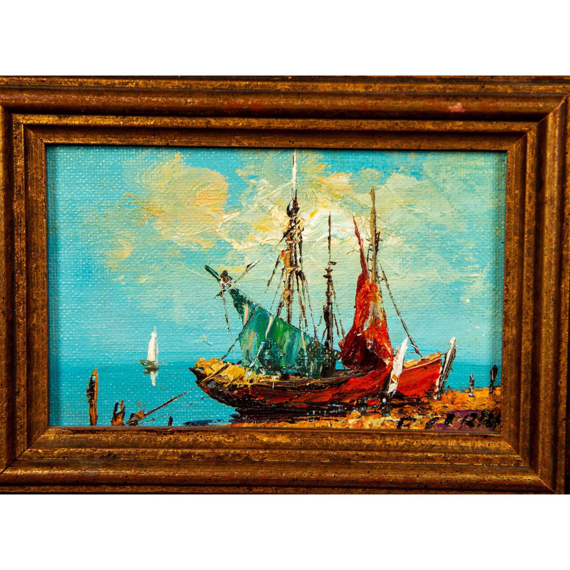 Miniature Original Oil Painting on Board, Moored Fisher Boats, Signed - Bild 3 aus 5