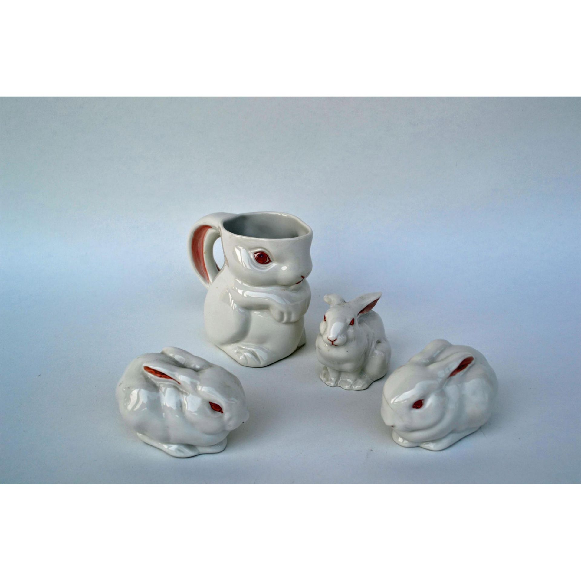 Boehm Porcelain Bunny Milk Mug, Rare And Three Early Male And Female Sitting Rabbits, 4 Pcs, 1954