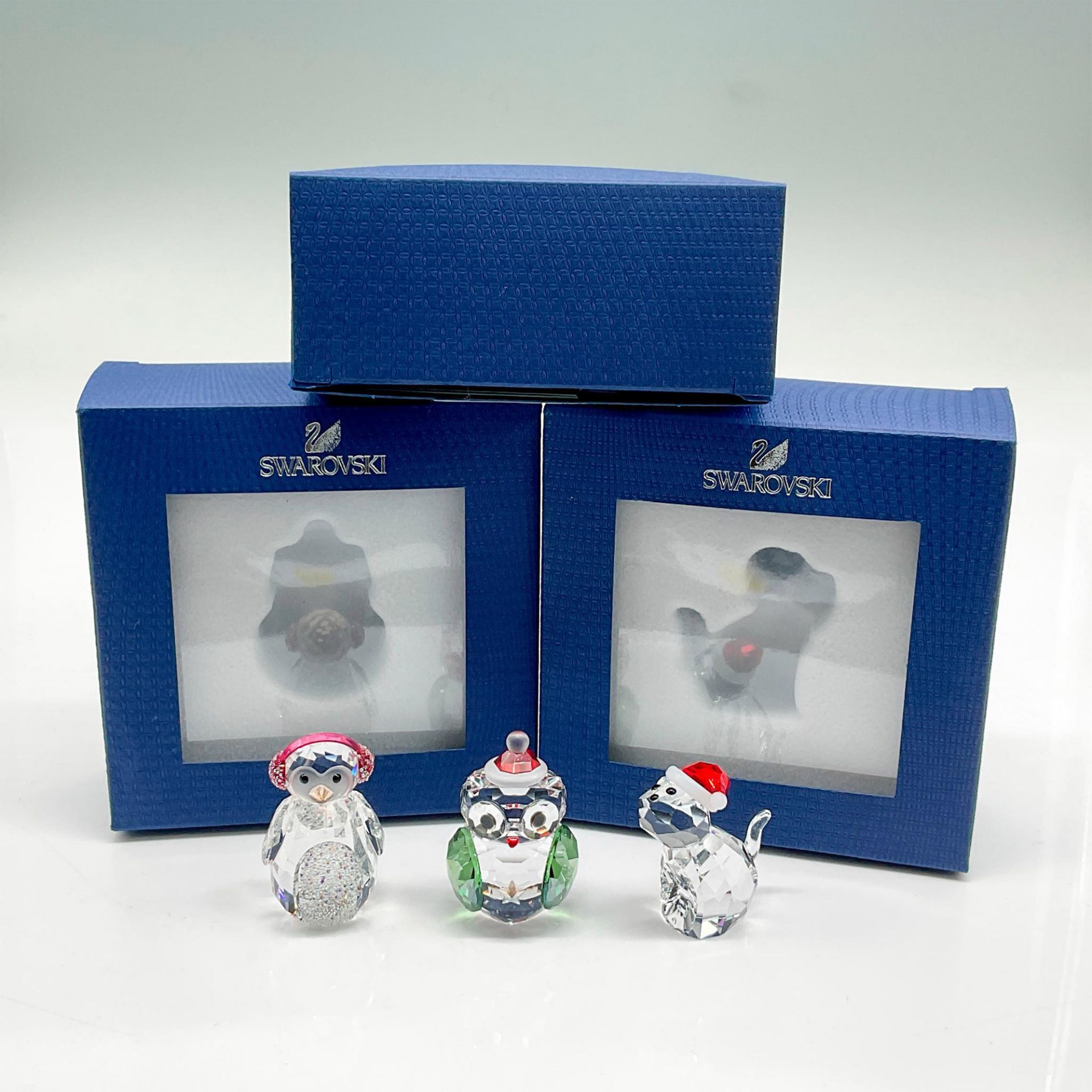 3pc Swarovski Crystal Figurines, Christmas Owl/Cat/Penguin - Image 4 of 4