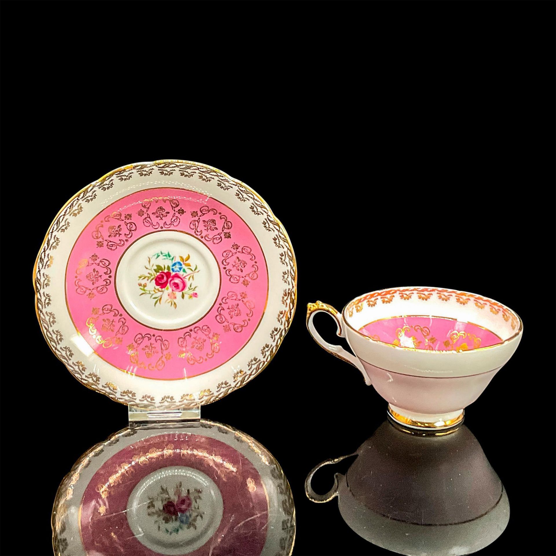 2pc Sutherland Bone China Cup + Saucer, Magenta + Pink Roses - Image 2 of 3