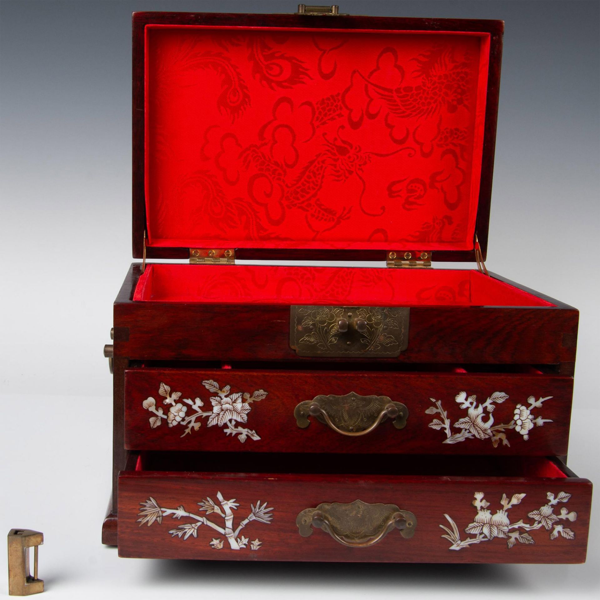 Asian Wood and Mother of Pearl Inlay Jewelry Box - Image 6 of 16