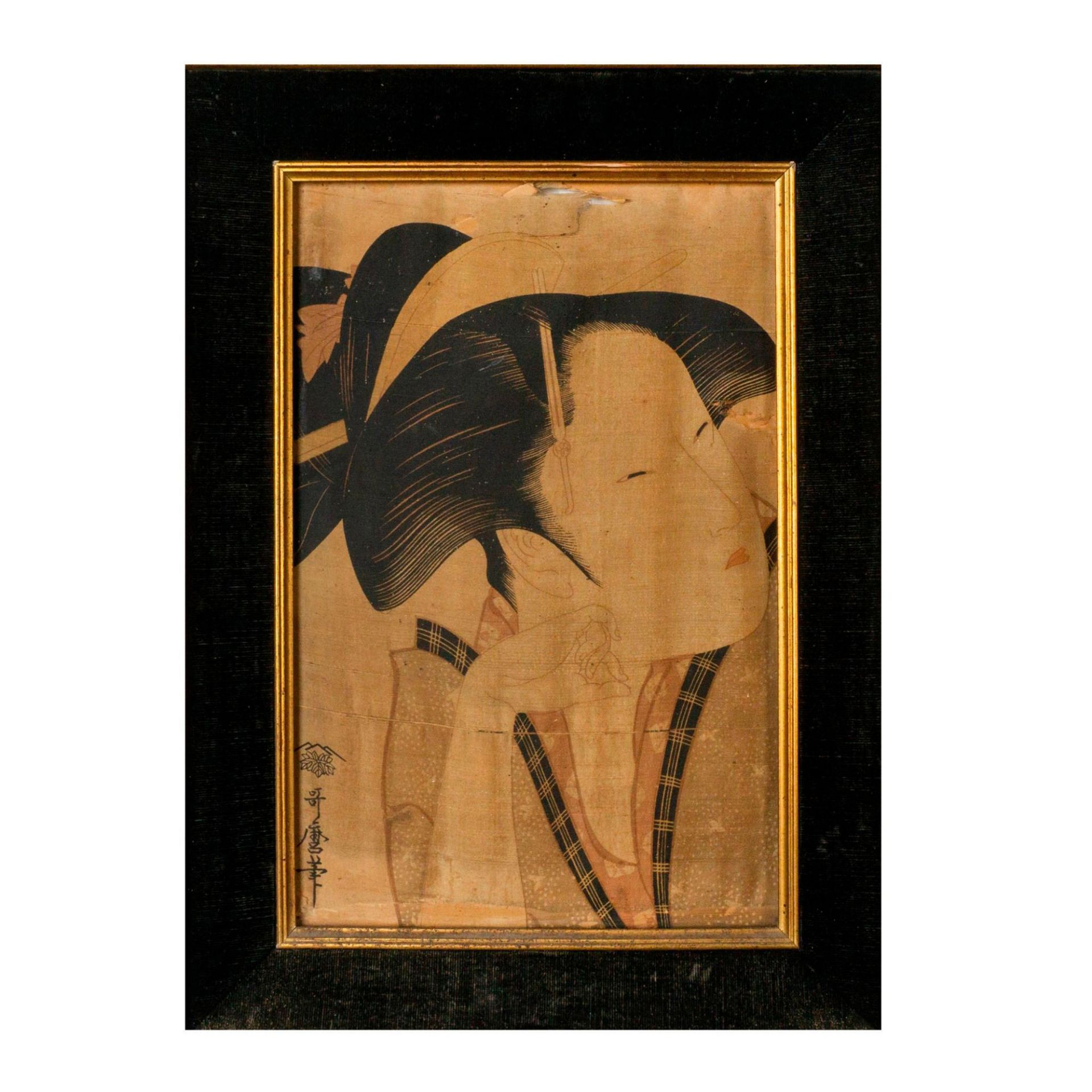 Utamaro (Japanese) Woodblock Print on Silk, Reflective Love - Image 2 of 6
