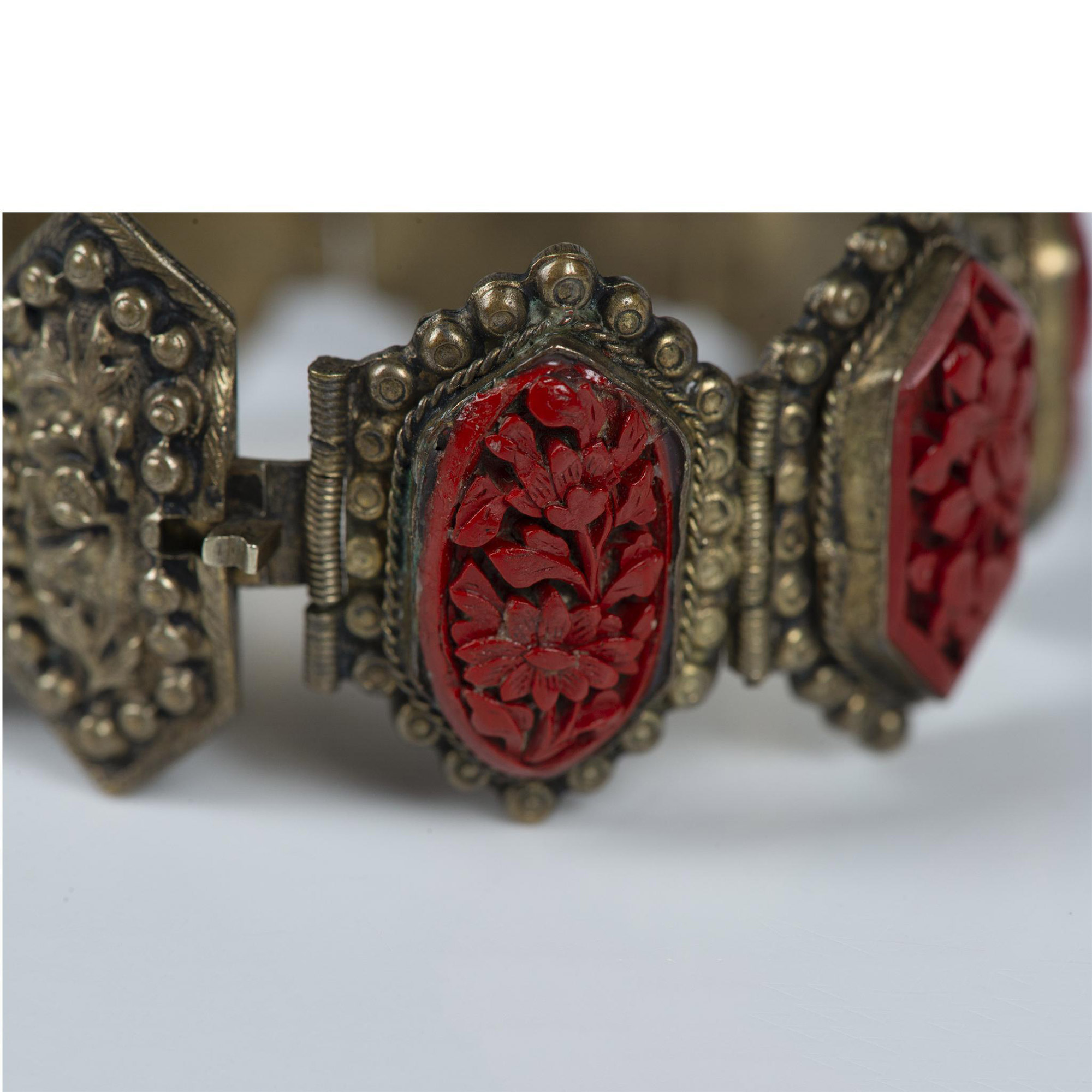 Vintage Chinese Ornately Carved Floral Cinnabar Bracelet - Image 6 of 6