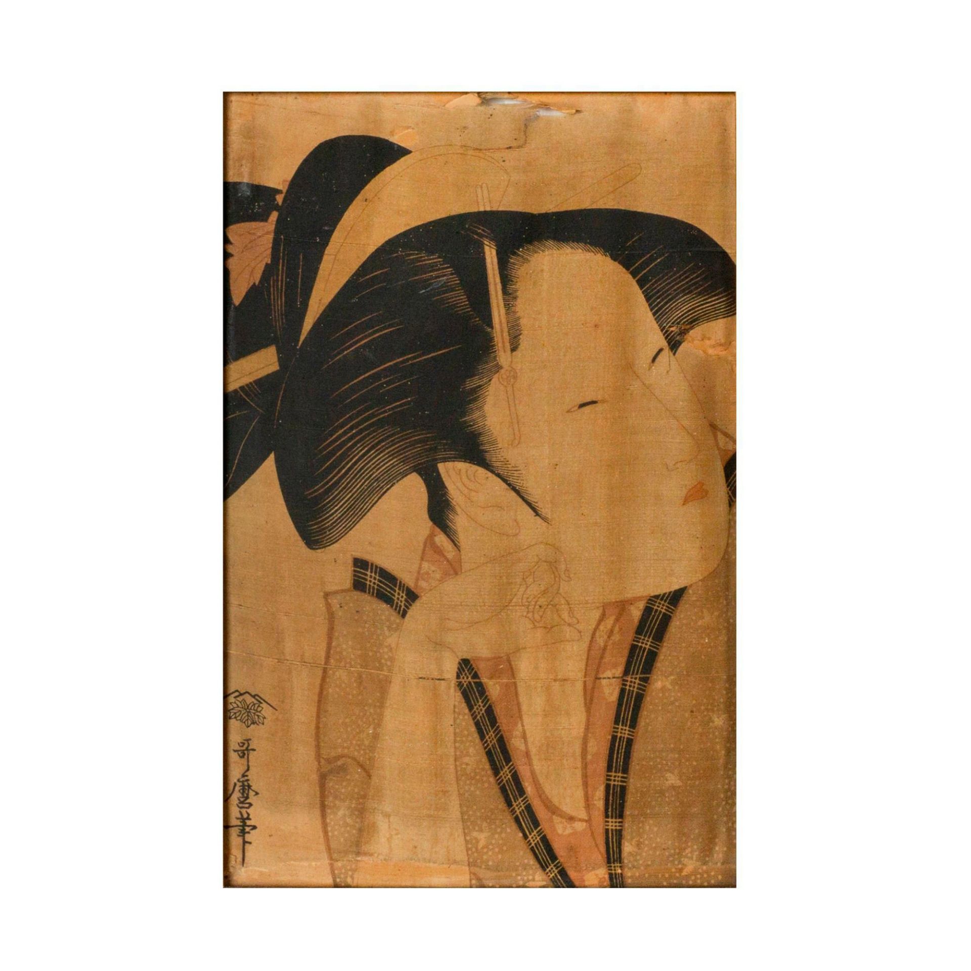Utamaro (Japanese) Woodblock Print on Silk, Reflective Love - Image 6 of 6