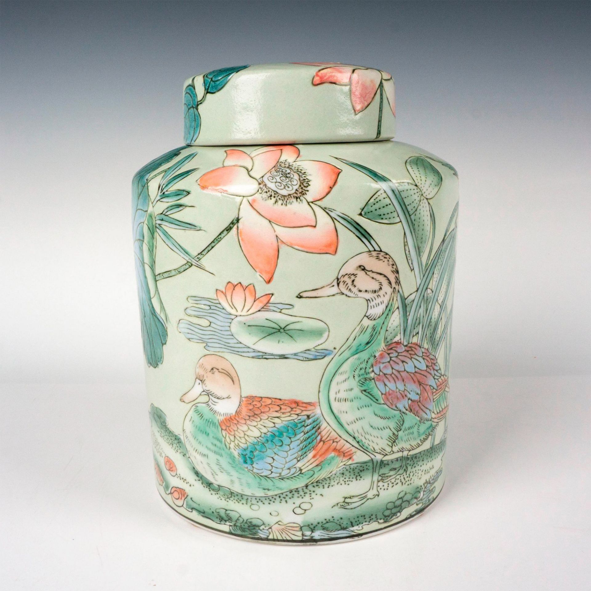 Chinese Porcelain Celadon Enamel Painted Duck Jar with Lid